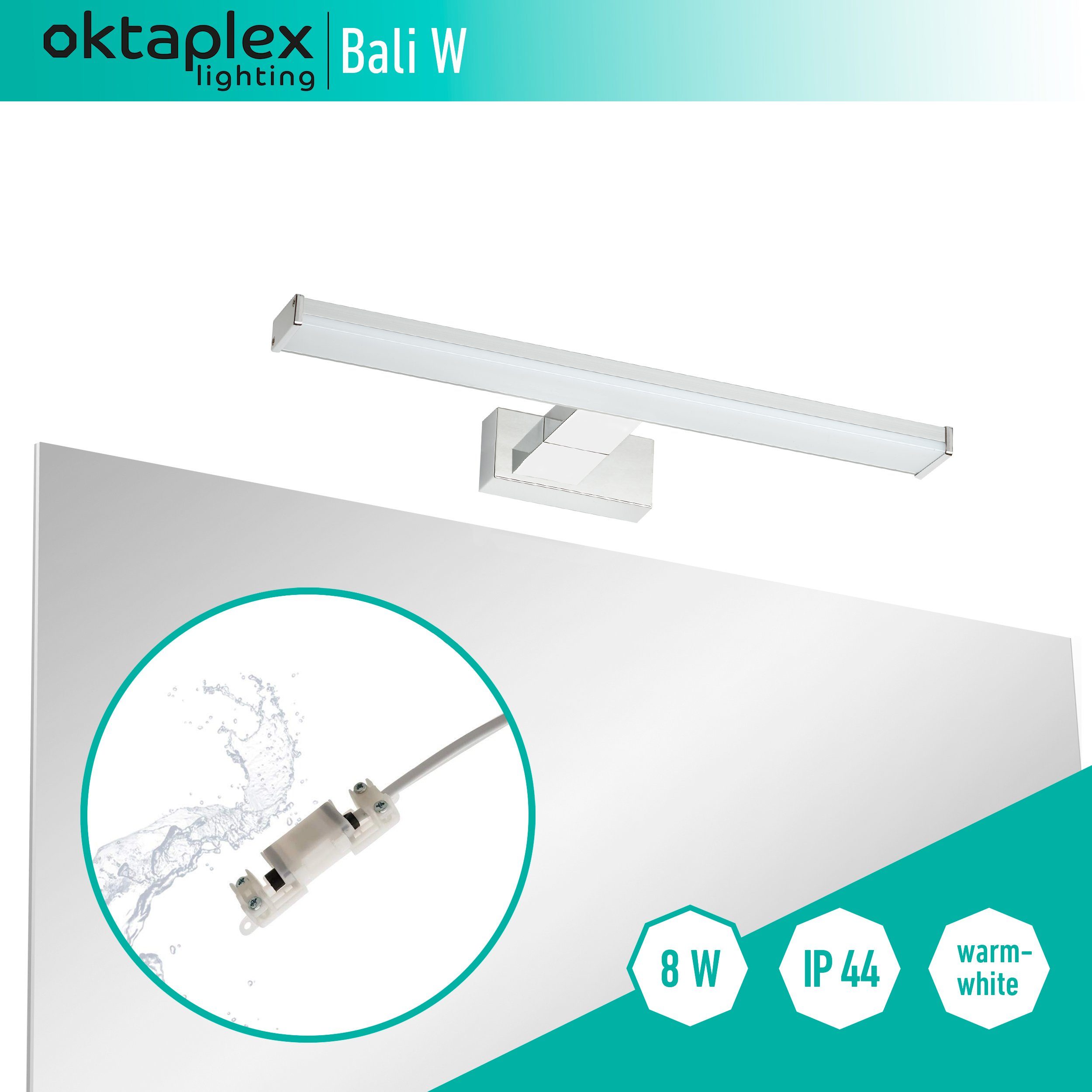 Oktaplex lighting LED Spiegelleuchte Bali 8W IP44 40cm, 640lm 8W, LED fest verbaut, warmweiß, Spiegellampe Bad / Wandlampe / LED Spiegellicht