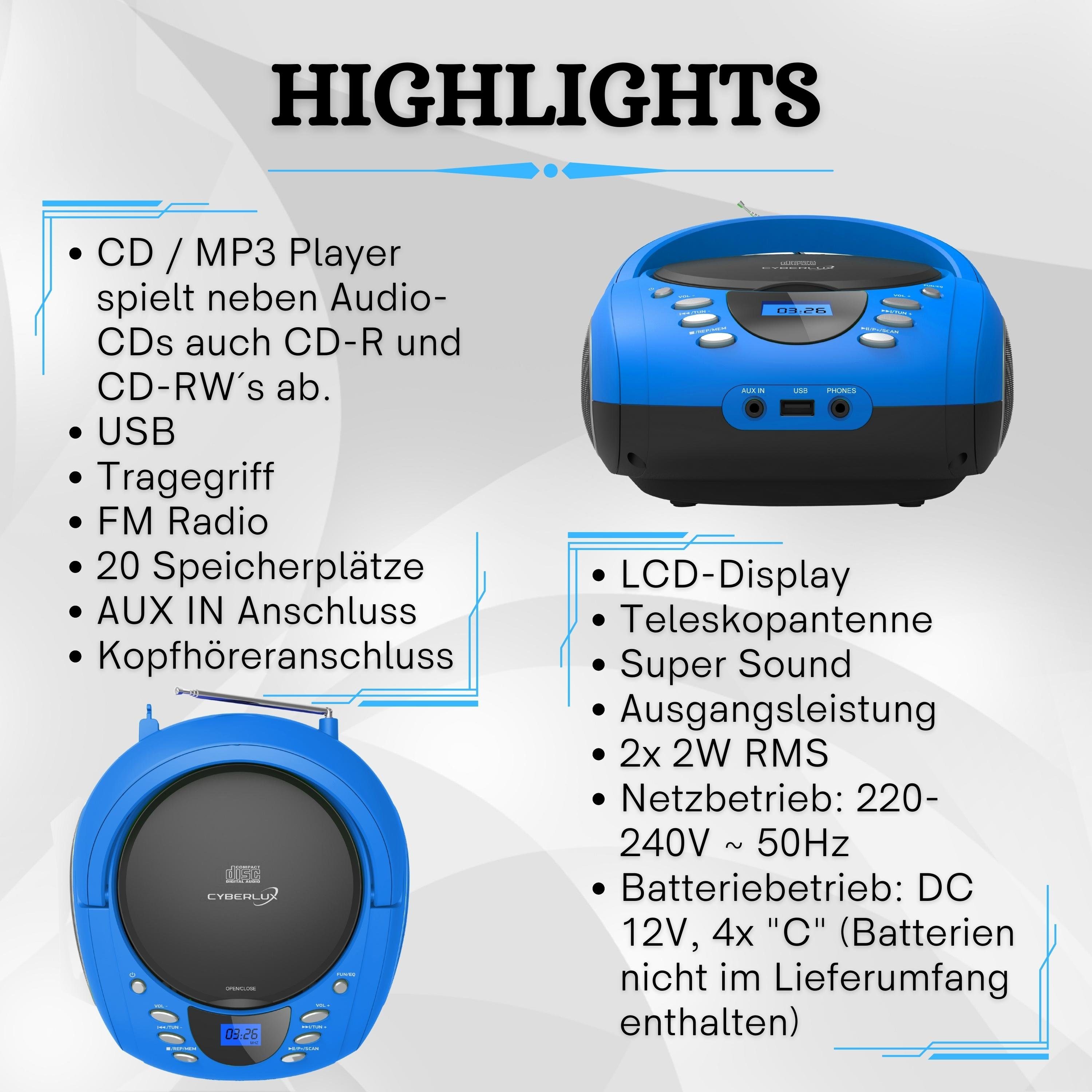 Cyberlux CL-710 tragbarer CD-Player (CD, Kinder CD Player tragbar, Boombox, Musikbox, FM Radio mit MP3 USB)