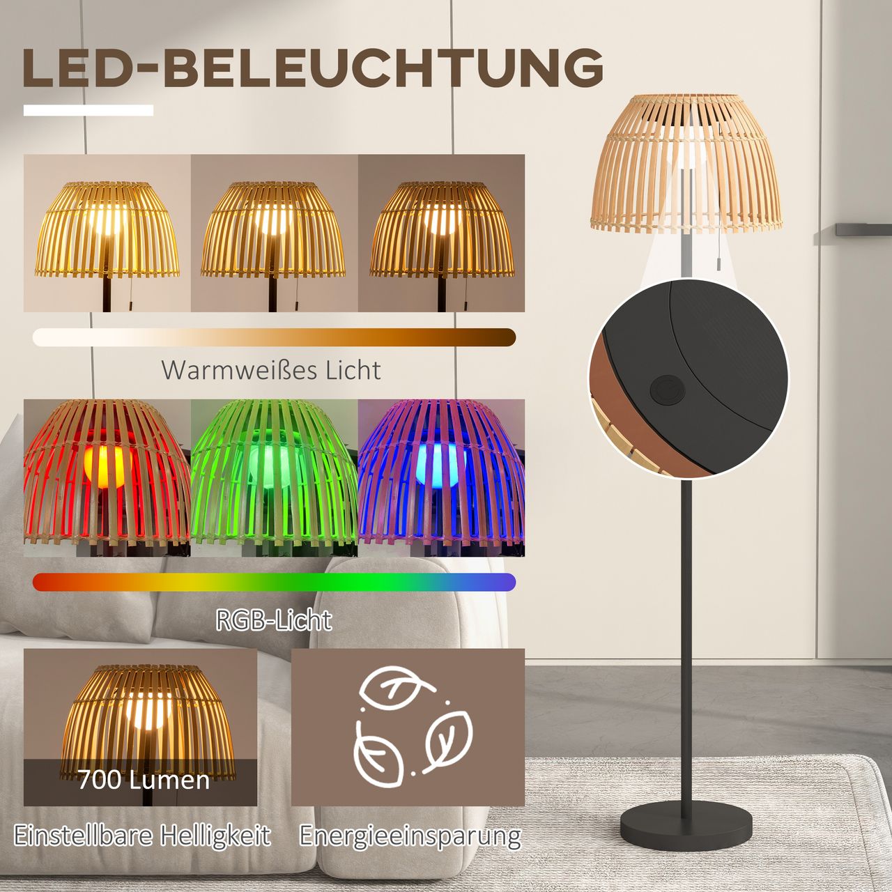 Outsunny Solar Stehlampe, Outdoor/Indoor, Bambusschirm, Alurahmen, Schwarz/Natur