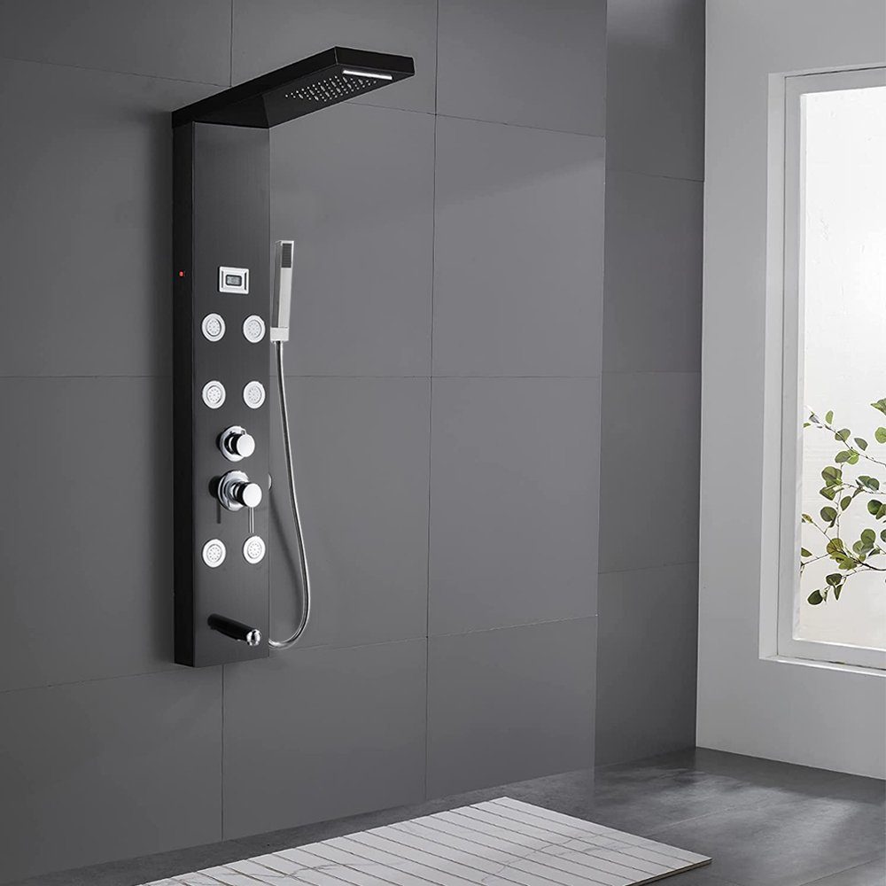 XIIW Duschsystem Duschsystem Edelstahl Duschpaneel Duschsäulen,mit Regendusch, Massagedüsen Handbrause Wasserfalldusche Kopfbrause, mit 1,5m S/S flexibler Schlauch,Schwarz