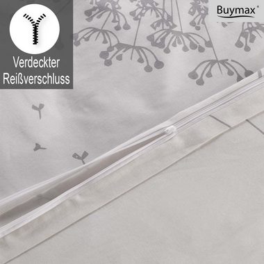 Bettwäsche, Buymax, Renforcé, 3 teilig, 100% Baumwolle Renforce Kissenbezug 80x80 cm mit Reißverschluss Blumen Blätter, Weiß Grau