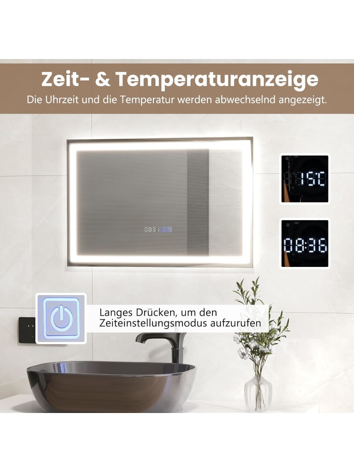 COSTWAY Badspiegel LED 3000-6000K mit Zeitanzeige & Speicherfunktion in Silber günstig kaufen onesize