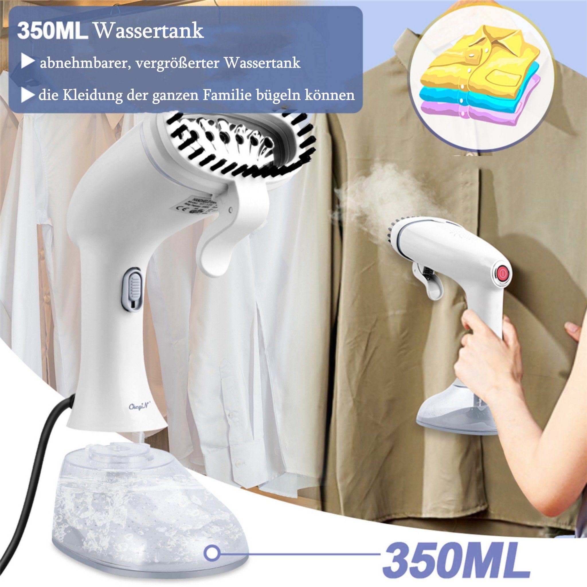 CkeyiN Dampfbürste Handdampfbürste, tragbare Haushaltsdampfbürste, 1640,00 W, glatte Bodenplatte aus Edelstahl, 350ml-Wassertank