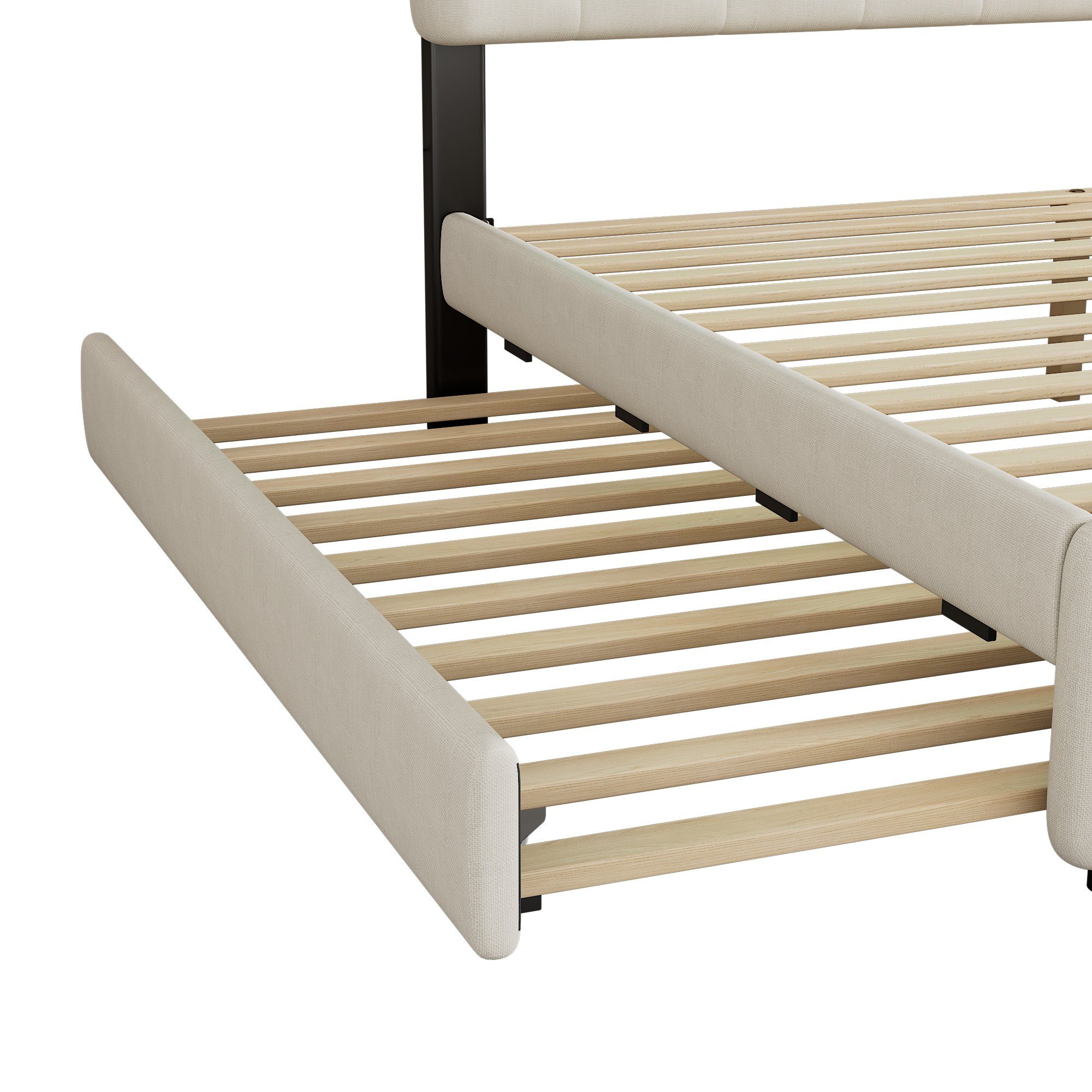 Flieks Polsterbett, LED Doppelbett 140x200cm mit 2 Schubladen, Ausziehbett 90x190cm Leinen