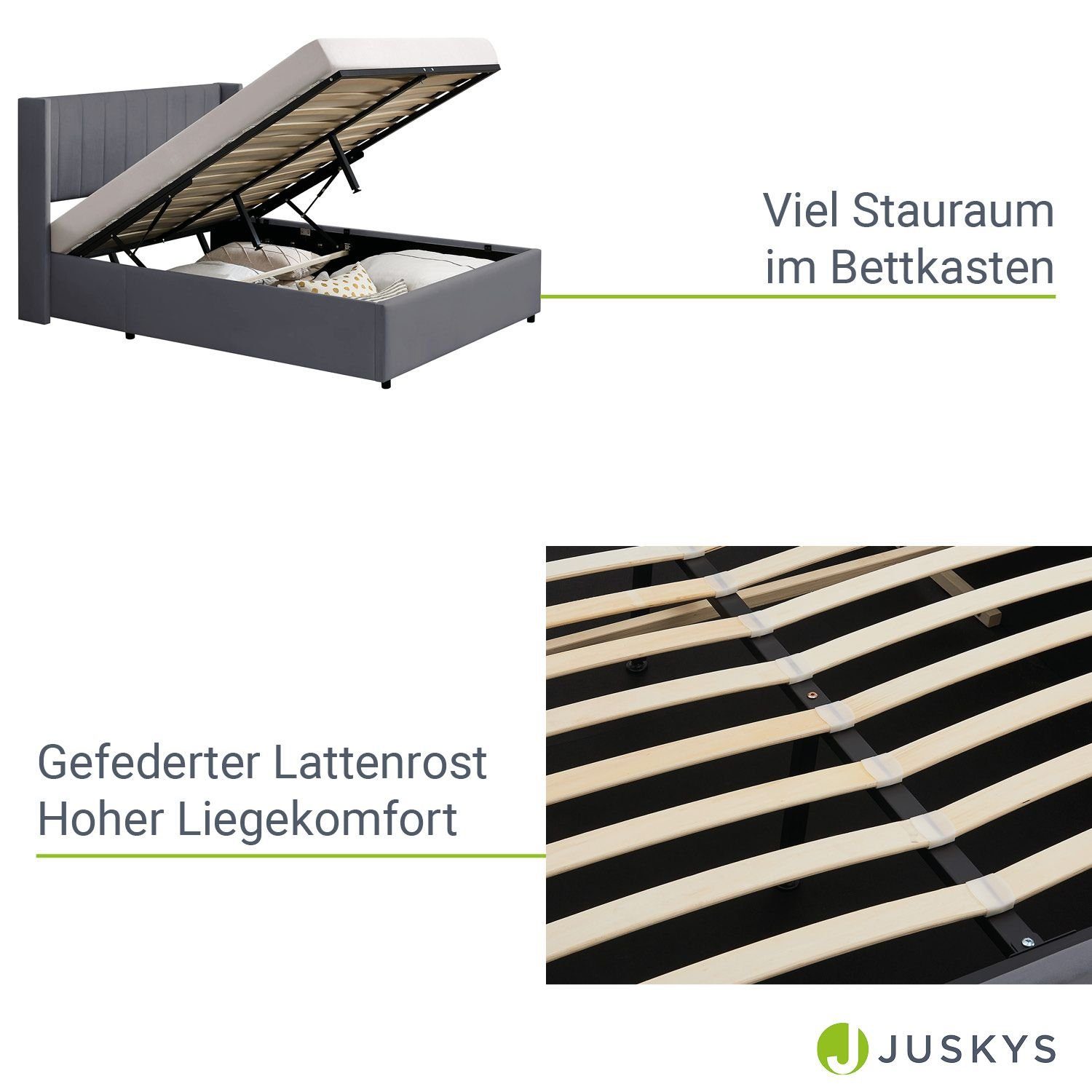 Juskys Polsterbett Savona, großer Bettkasten, mit Gasdruckfeder, weicher Samt-Bezug