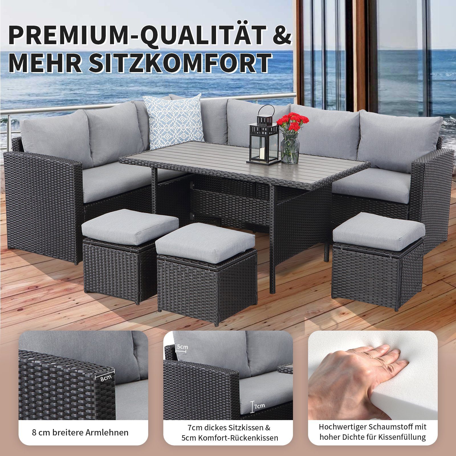 MeXo von GLP HOME Loungeset Gartenmöbel Set sale aus Polyrattan, Gartenloungeset, Sitzgruppe, (Gartengarnitur, Loungeset mit Kissen, 2-Sitzer, Ecksofa, Esstisch, 3 Hocker), Sitzgarnitur Terassenmöbel wetterfest für 6-10 Personen