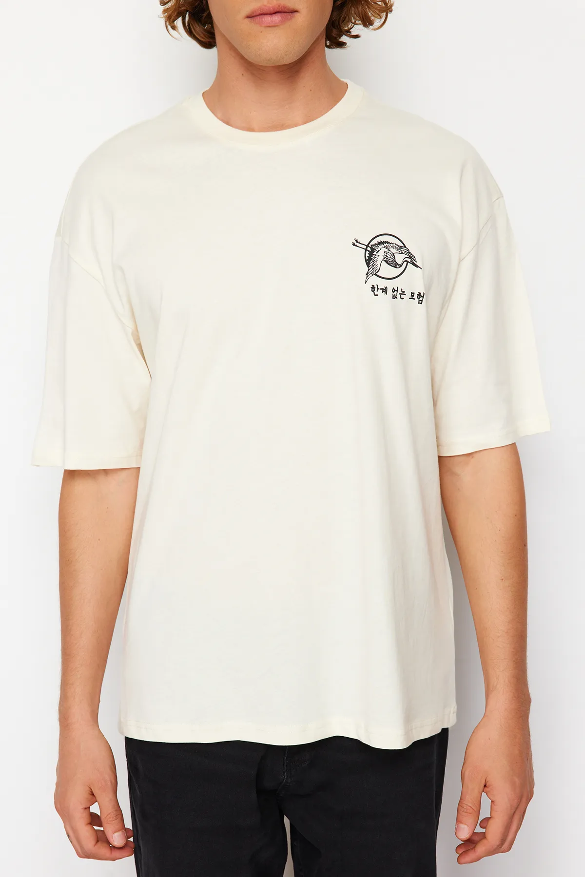 Trendyol Collection  Stone Oversize/Weit geschnittenes, kurzärmliges T-Shirt aus 100 % Baumwolle mit Fernost-Print TMNSS23TS00170