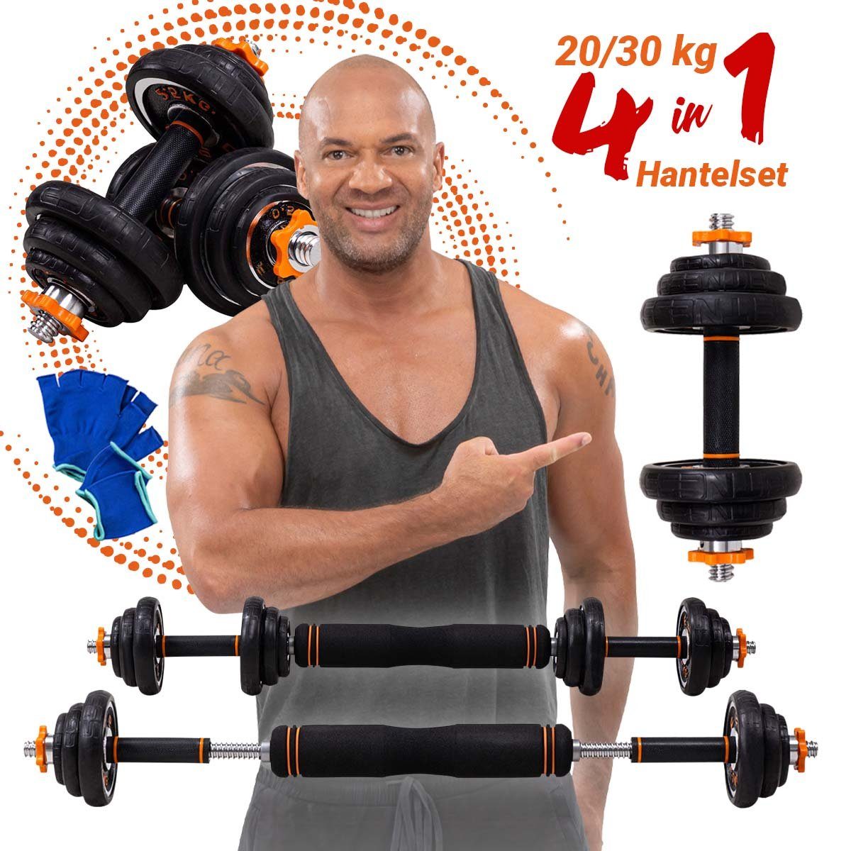 Miweba Sports Hantel-Set Premium FED 4in1 Hantel Set inkl. Transportkoffer - 20/30 kg, (Hantelstangen, Gewichte, Verbindungstück, Sternverschlüsse, Gummibezüge, Trainingshandschuhe, Stahl, kreuzgerändelter Griff, rutschfest, Multifunktionshantel, sch