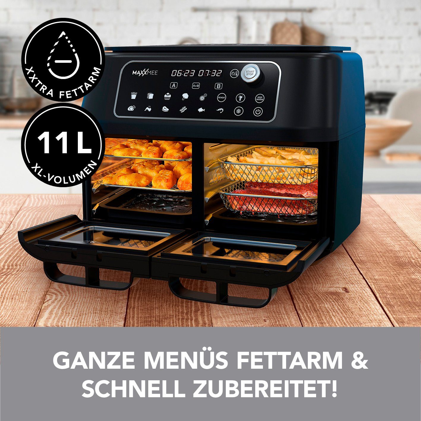 MAXXMEE Heißluftfritteuse Doppelkammer 11L 2 x 5,5l digitale Bedienung & Sichtfenster, 2400,00 W, besonders fettarm