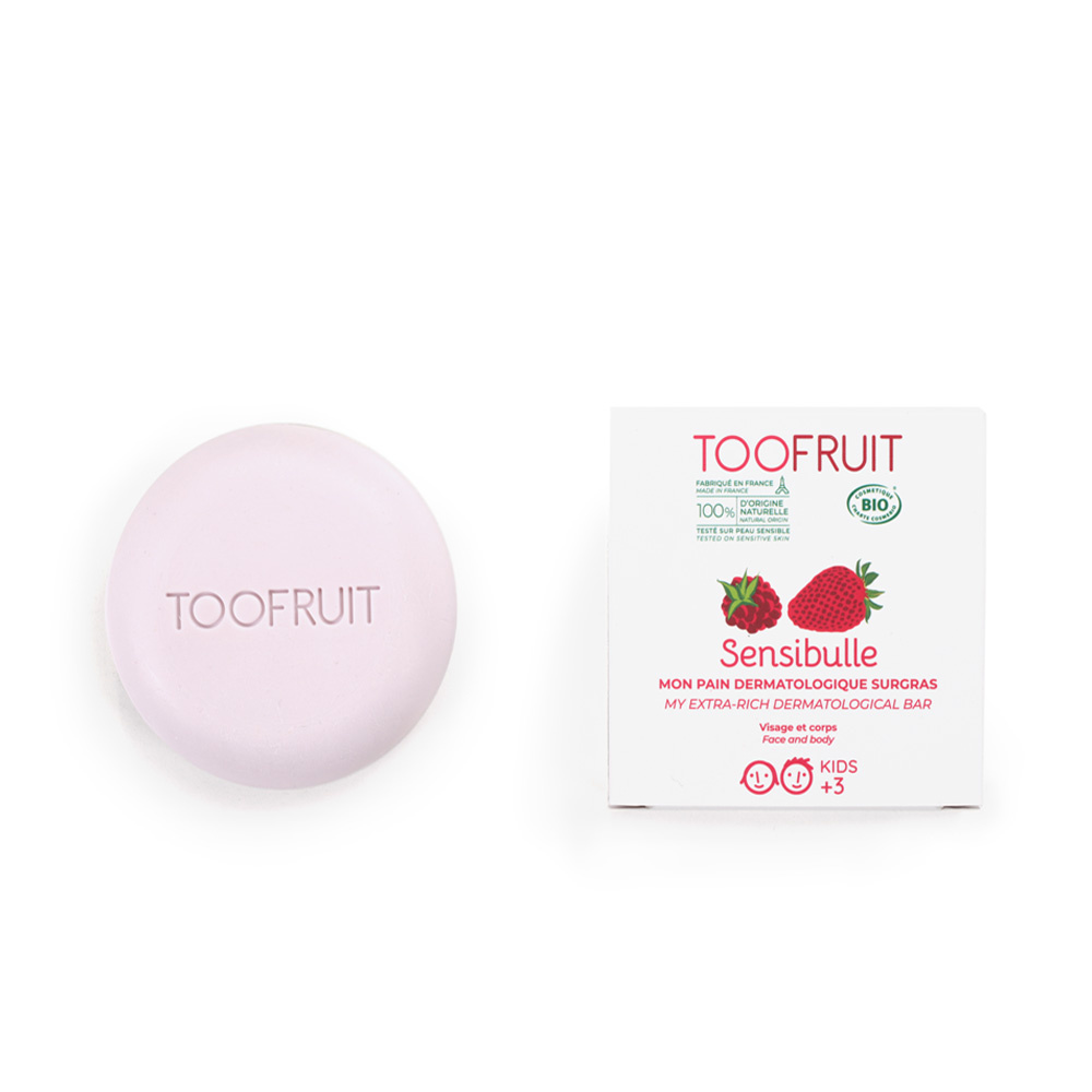 toofruit Sensibulle, pain dermatologique haute tolèrance BIO   Fraise - Framboise Pain dermatologique surgras sans savon ni sulfates