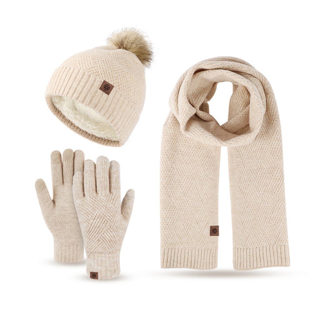 HutWorld Bommelmütze Bommelmütze Mütze Schal Damen Winter Beanie Strickmütze Set (Kältebeständiger Strickanzug aus Wollknäuel und Fleece, 1-St., Mütze, Schal, Handschuhe, dreiteiliges Set) Damen Fellbommel Beanie Schal Set