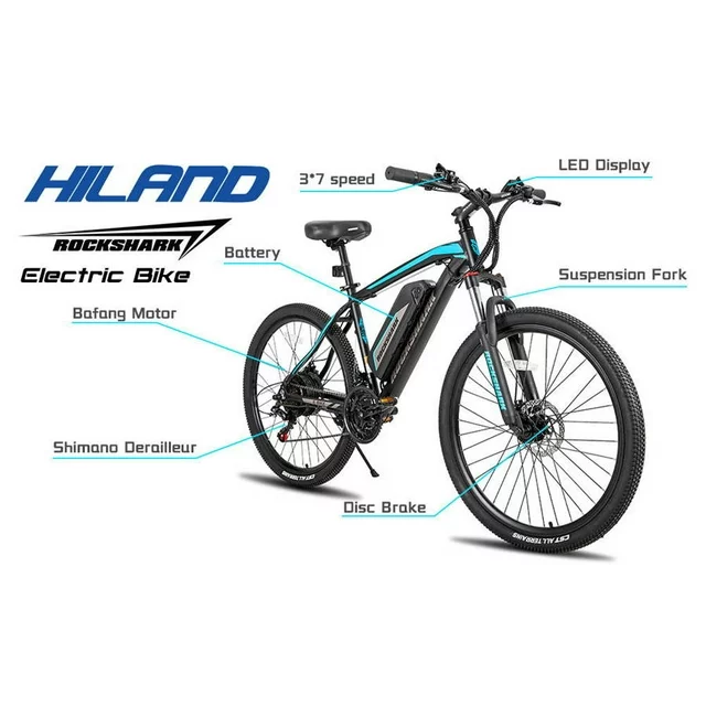 Hiland Rockshark Electric Bike Electric Mountain Bike Aluminum 26/27.5 inch 350W 20MPH Adults E-Bike Shimano 21 Speed Disc Brake Suspension Fork with 36V 10.4Ah Removable Battery