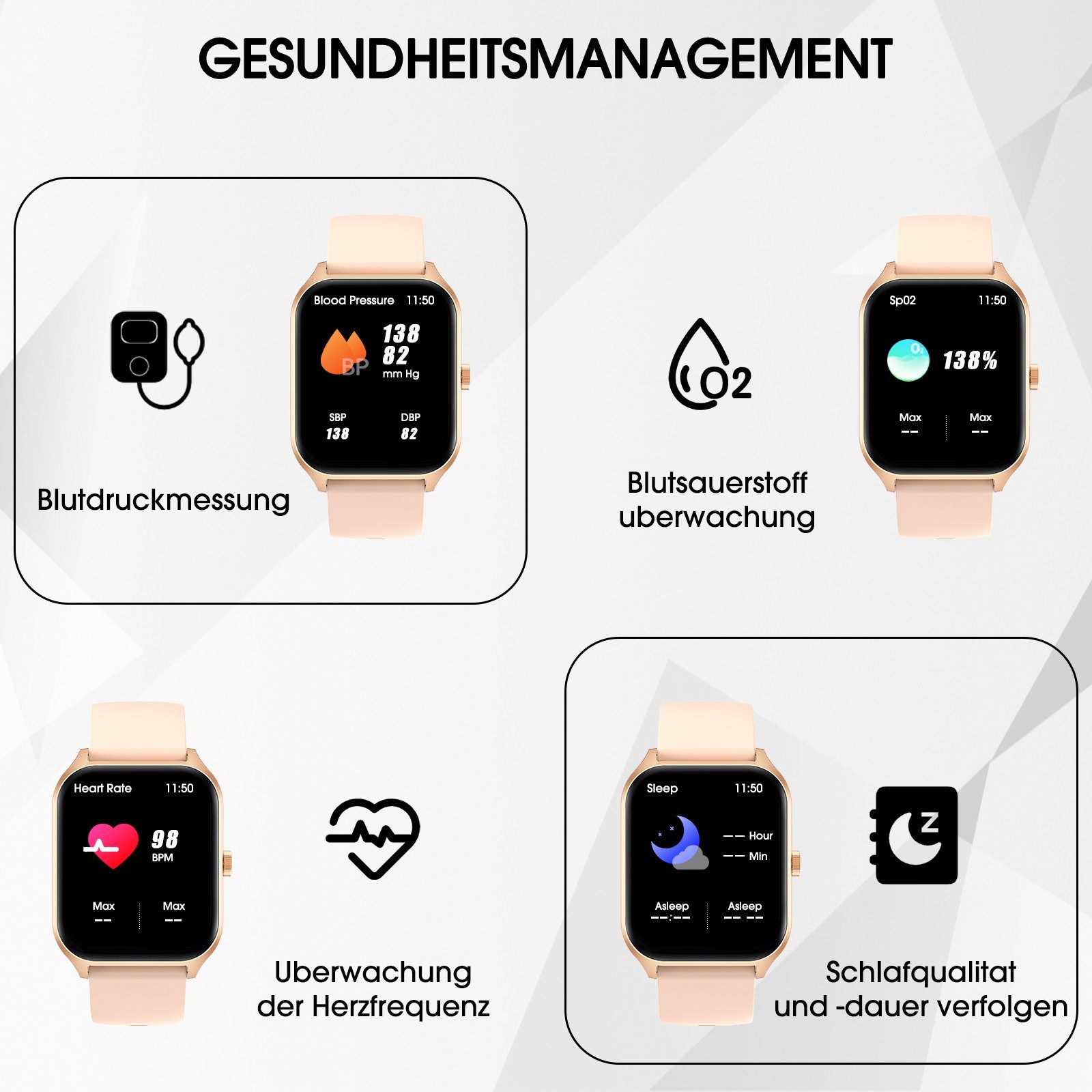 Yuede Smartwatch, Fitness Tracker uhr mit Anruffunktion für Damen und Herren Smartwatch (Quadratischer 1,96-Zoll-HD-Full-Touch-Farbdisplay Zoll) Gesundheits-Uhren mit Blutsauerstoff, Blutdruckmessung, Herzfrequenz, Schlafqualität, Schrittzähler, AI V