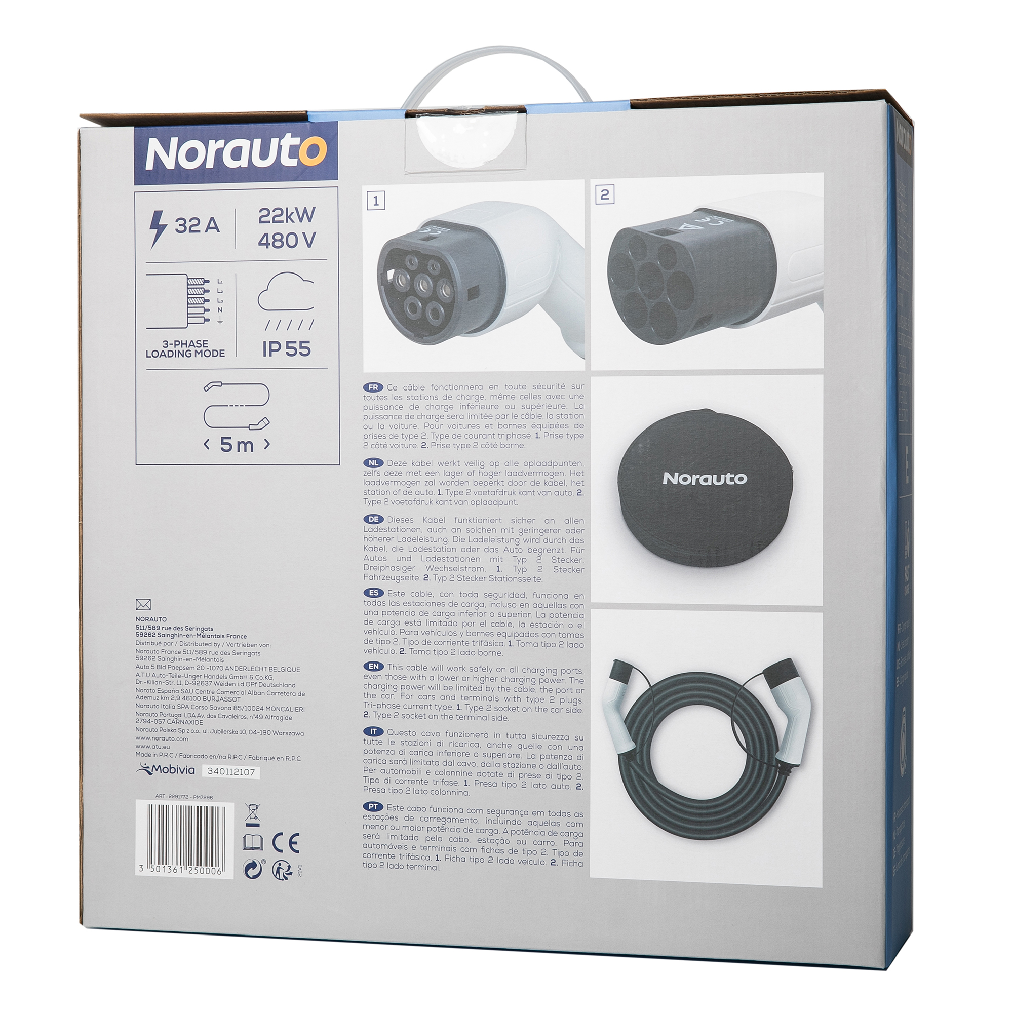 Norauto E-Ladekabel Typ 2, 32 A, dreiphasig, 22 kW, 5 Meter - ATU