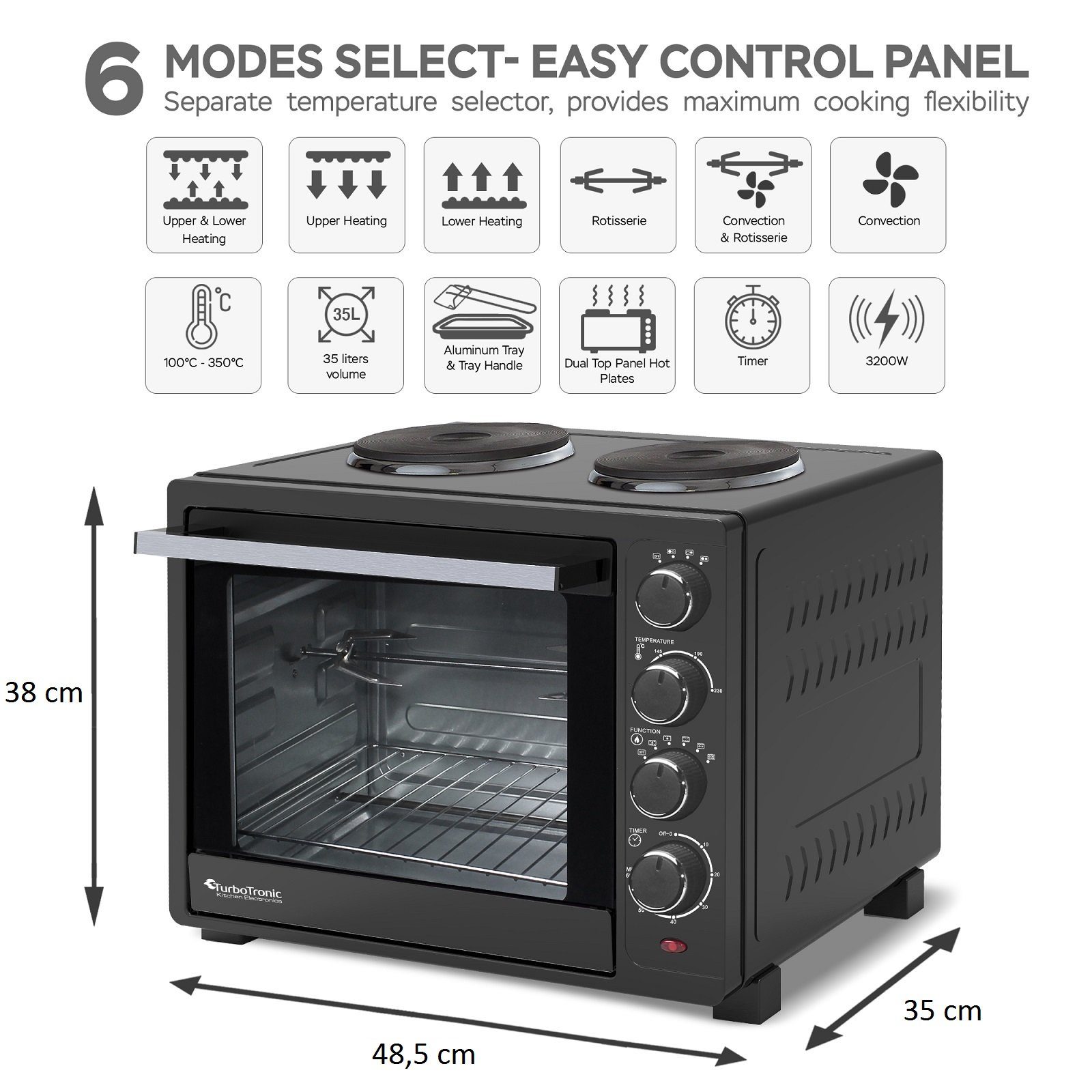TurboTronic by Z-Line Minibackofen mit Umluft und Drehspieß + 2 Kochplatten 35 Liter, 3200W Pizzaofen, Mini Tisch Backofen Camping Pizzaofen Klein/Groß