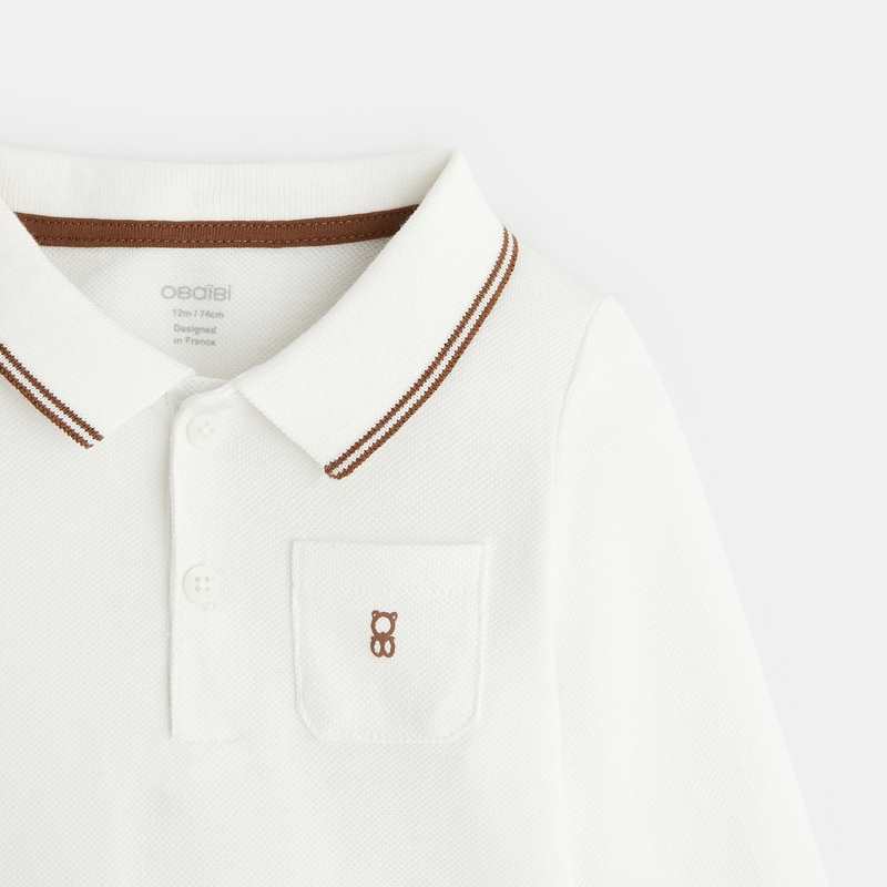 Polo piqué uni manches longues blanc bébé garçon