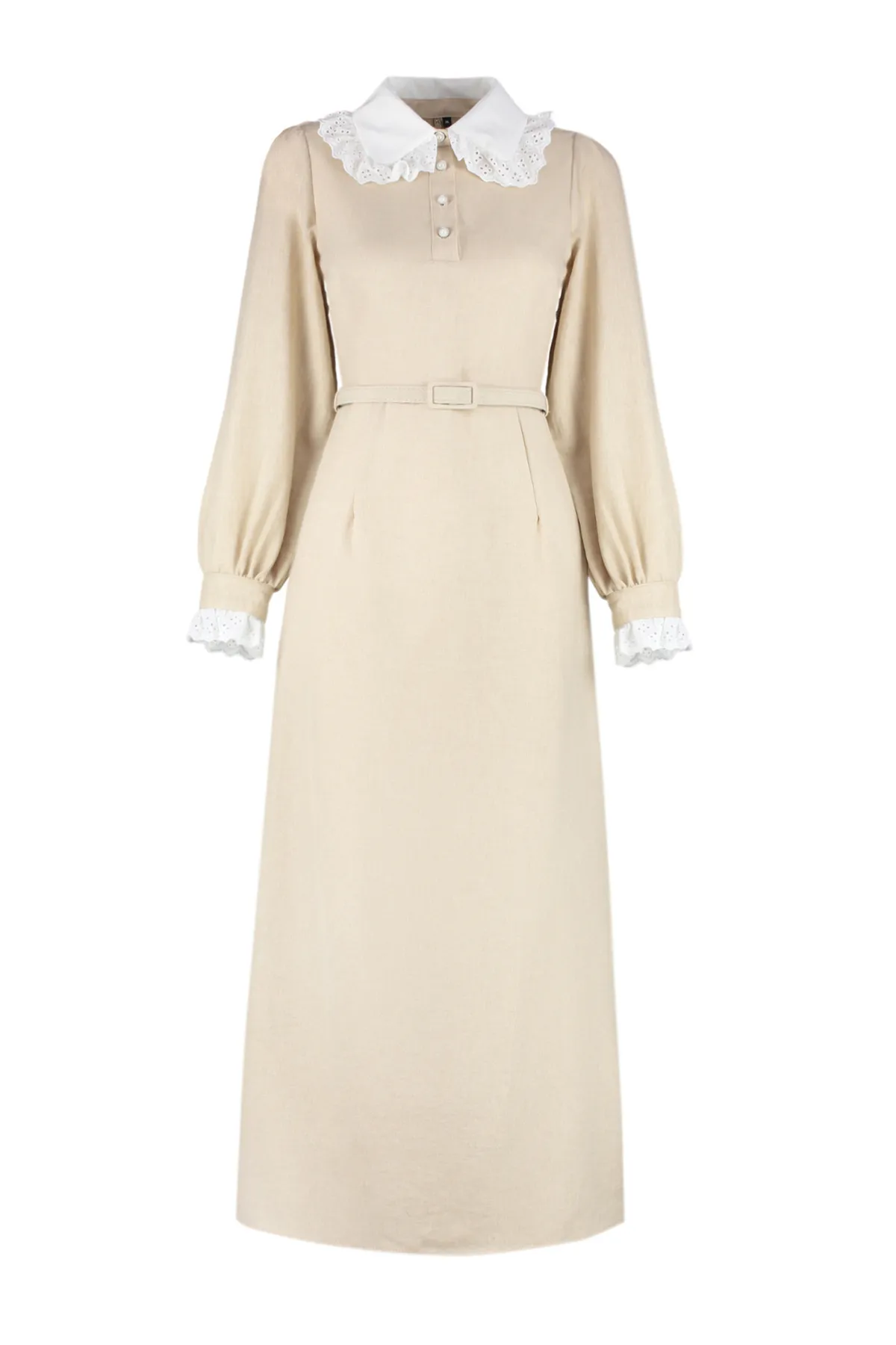 Trendyol Modest  Beigefarbenes, gewebtes Kleid in A-Linie mit Kragen und Ärmeln und Spitze TCTSS24EB00170