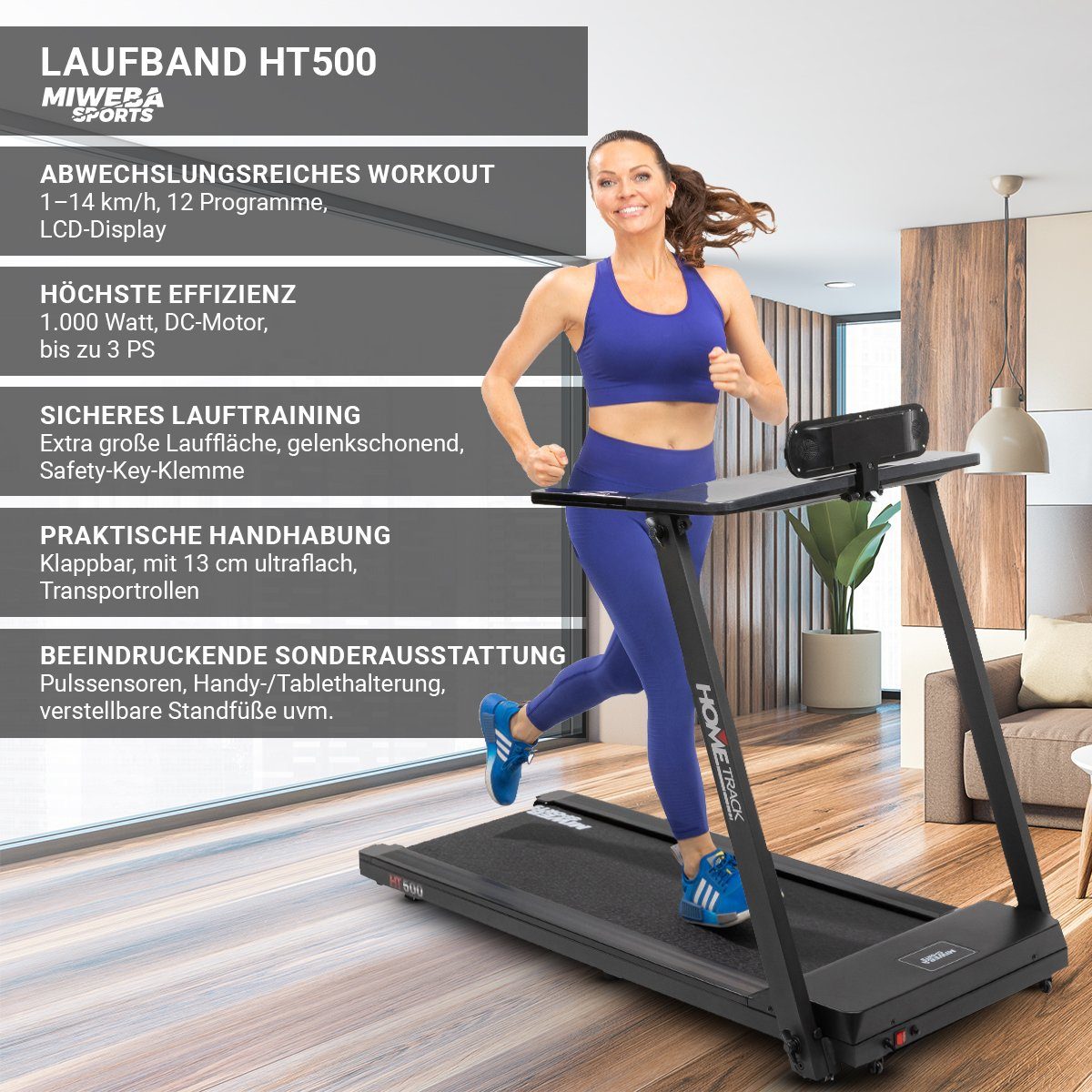 Miweba Sports Laufband Profi Sportgerät HT500 - 14 km/h – Ultra Leicht - klappbar (Treadmill, Trainingsgerät, Heimtrainer, Speedrunner, Fitness, Workout, 1-tlg., 120 kg Traglast, 12 Laufprogramme, Handy/-Tablethalter, LCD-Display, Pulssensor, Safety-