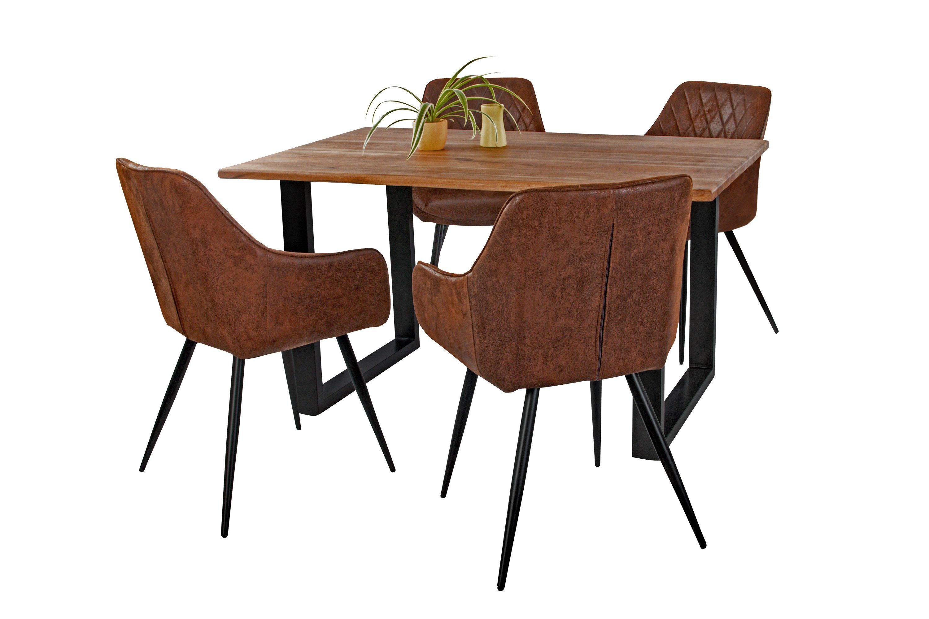 SAM® Essgruppe Flower, Akazienholz, nussbaumfarben, Baumkante, Metallgestell und 4 Stühle