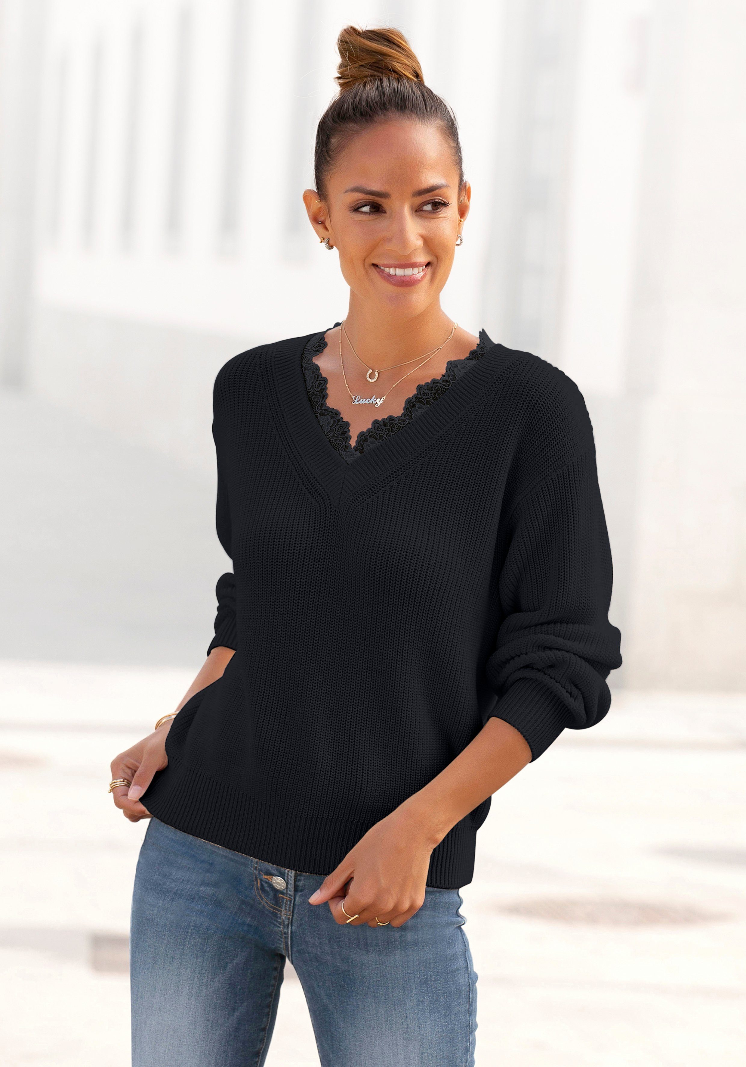 LASCANA Strickpullover mit Spitzenbesatz