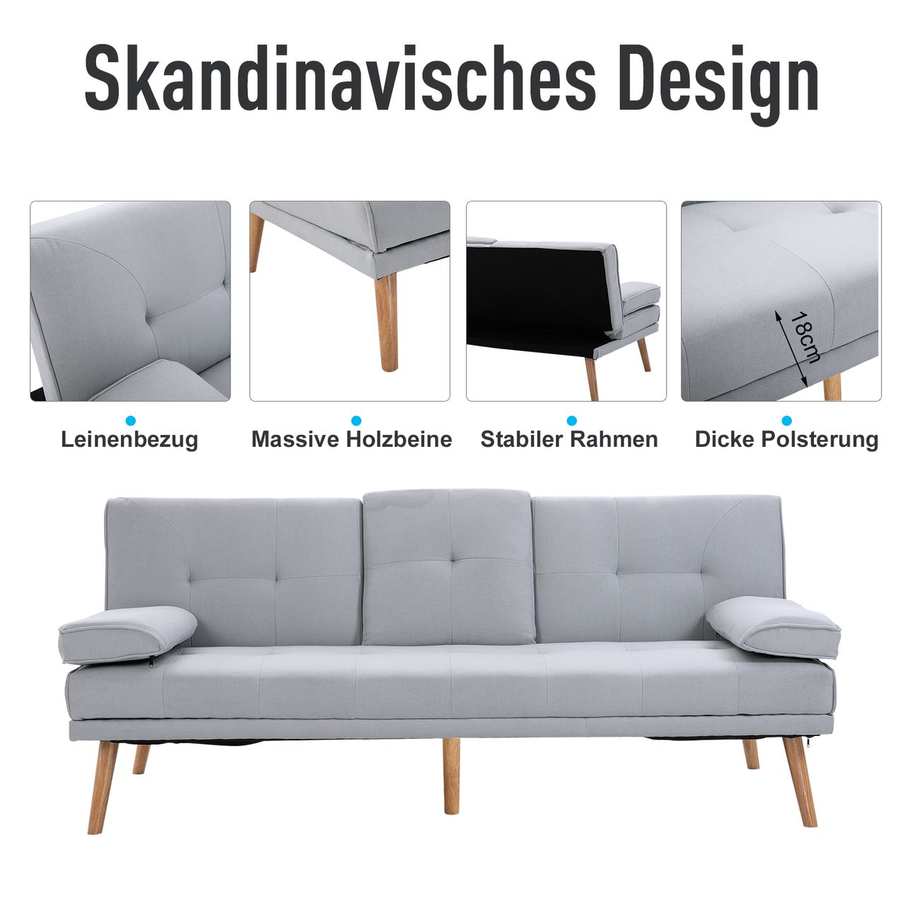 HOMCOM Schlafsofa Sofabett Schlafcouch 3 Sitzer Leinen