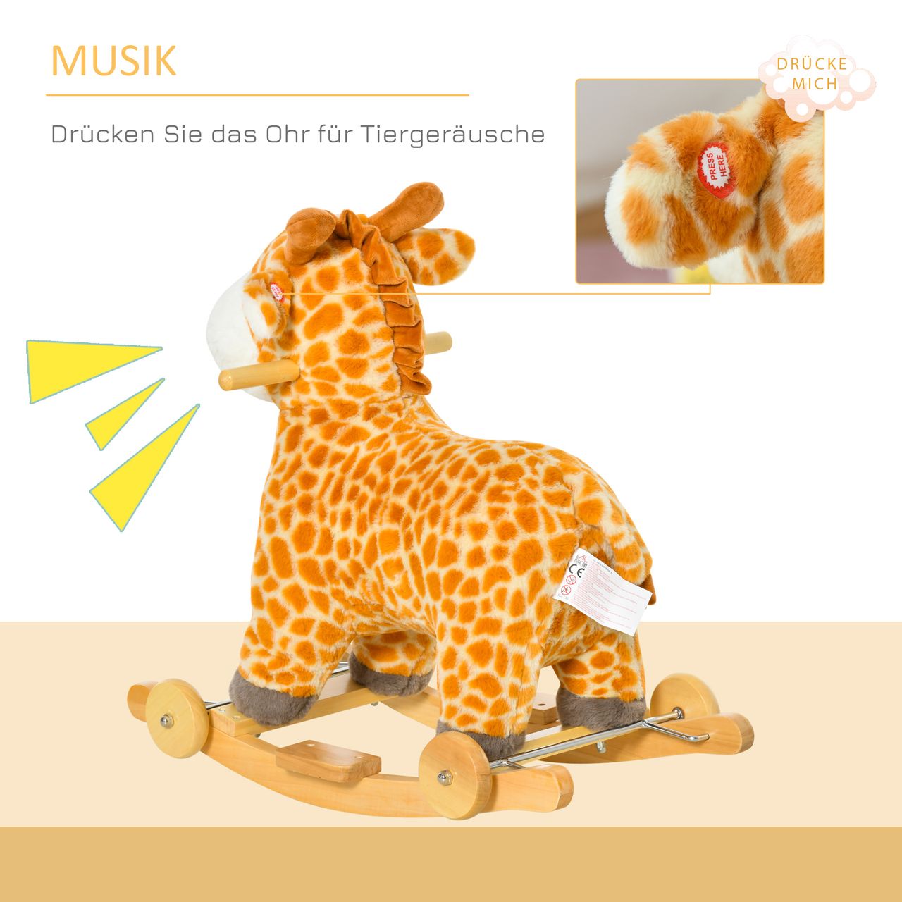 HOMCOM 2-IN-1 Schaukelpferd mit Räder Plüsch Schaukeltier Babyschaukel Spielzeug für 36-72 Monaten Giraffen-Design Gelb 63 x 38 x 63 cm