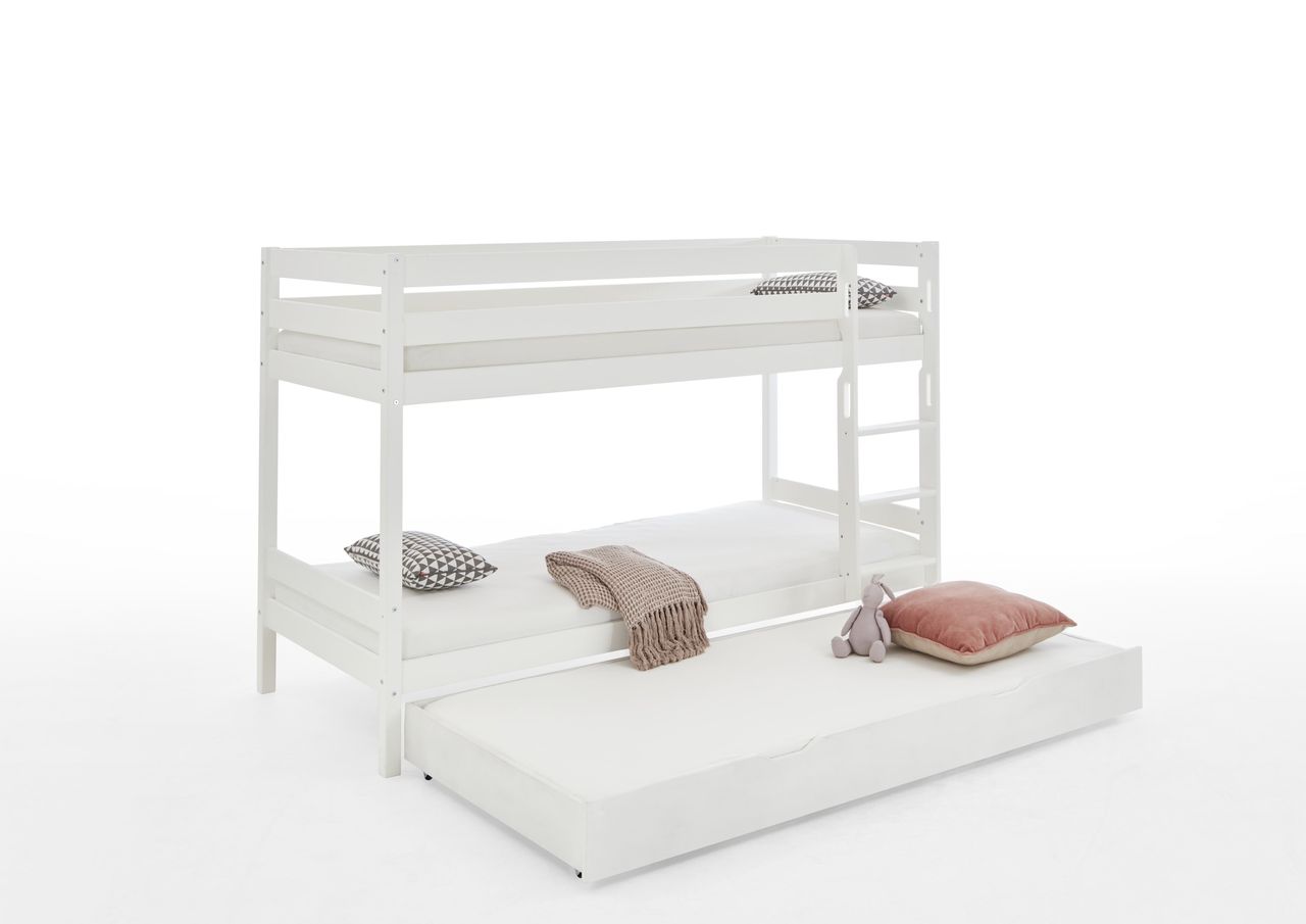 Relita Etagenbett Lupo mit 2 Liegeflächen 90 x 200 cm und Bettschublade, inkl. 2 Rolllattenroste, Buche massiv weiß lackiert