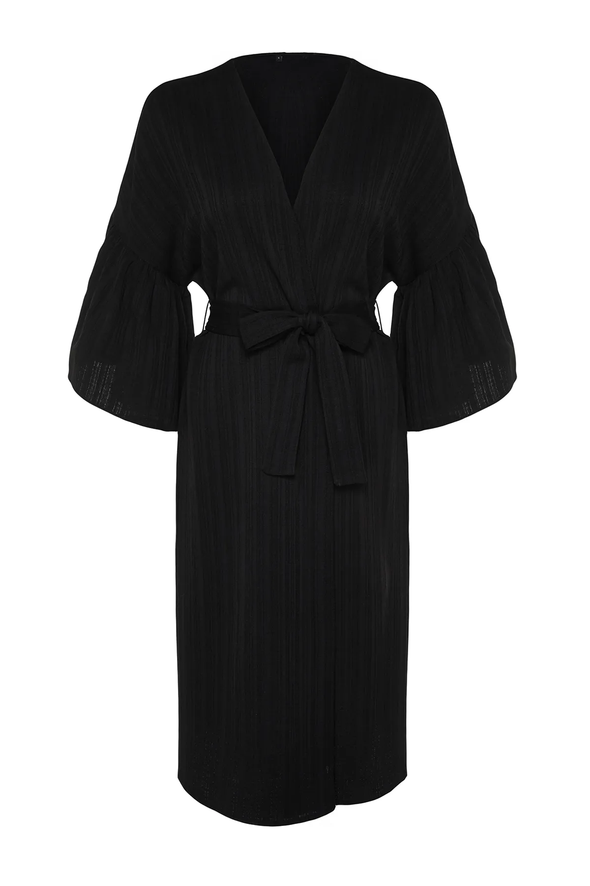 Trendyol Collection  Schwarzer Maxi-Kimono und Kaftan aus gewebtem Volant aus Leinenmischung mit Gürtel TBESS23KM00028