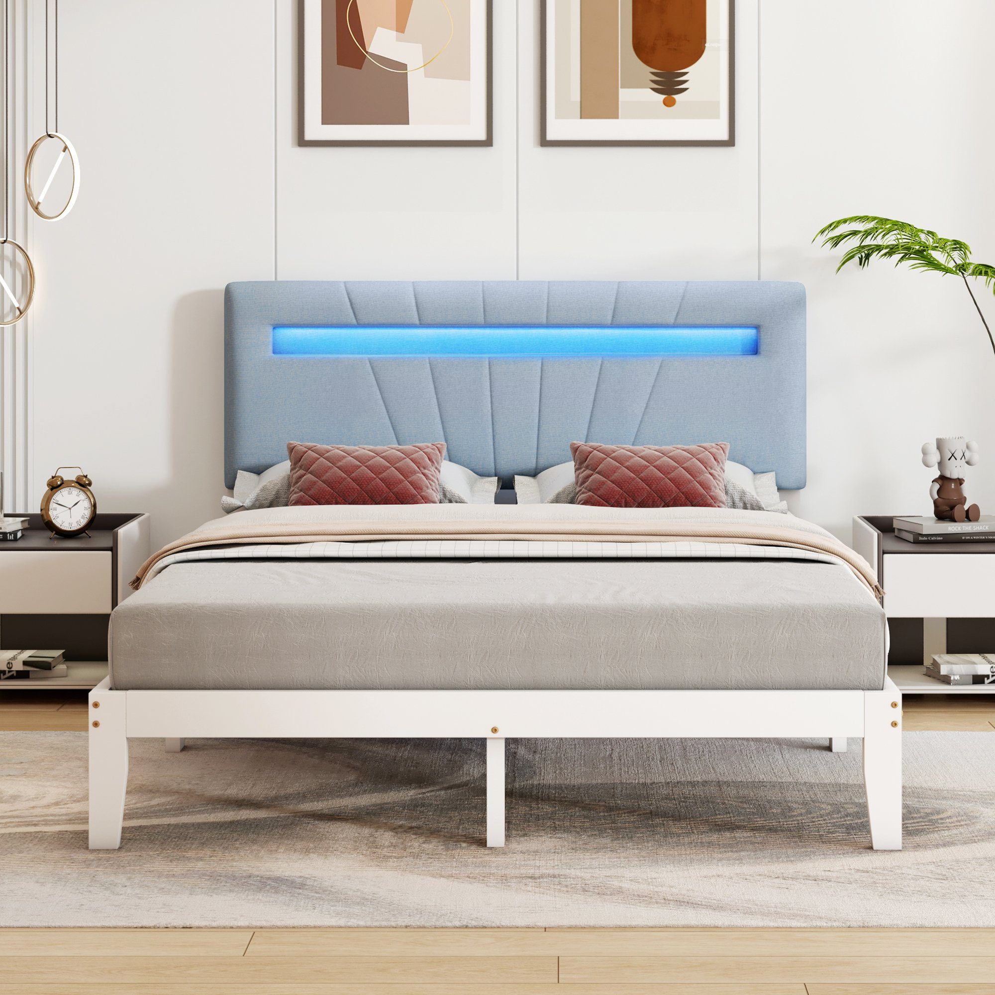 KLAM HOME Massivholzbett 140x200 Massivholzbett mit gepolstertes Kopfteil und Lattenrost (Set, Holzbett aus Kiefer mit LED-Leuchte), Einzelbett Doppelbett Bettrahmen, für Schlafzimmer und Jugendzimmer