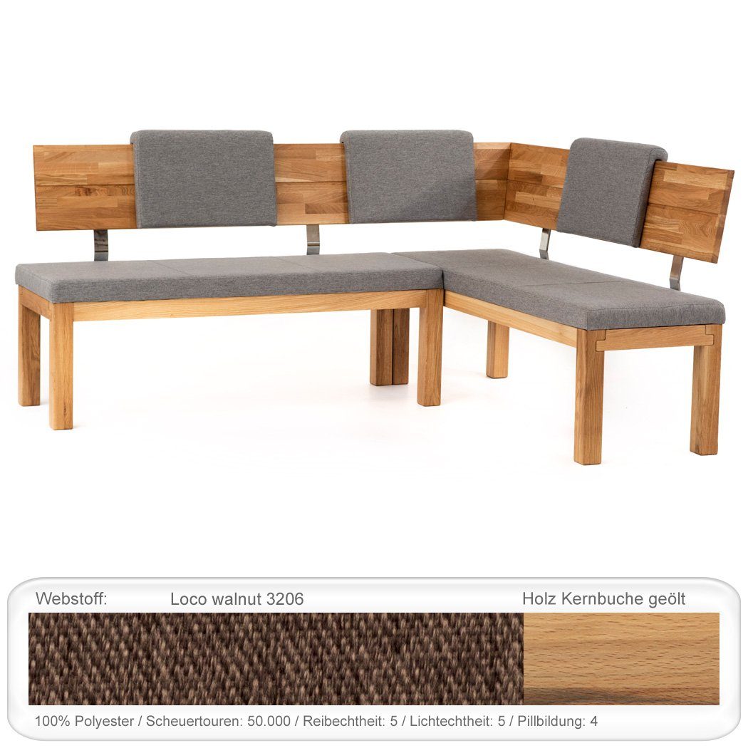 expendio Eckbankgruppe Grover XL, (komplette Tischgruppe, Spar-Set, 4-tlg), Tisch Kernbuche + Eckbank / Polsterbank Calla + Stuhl Cordia walnut