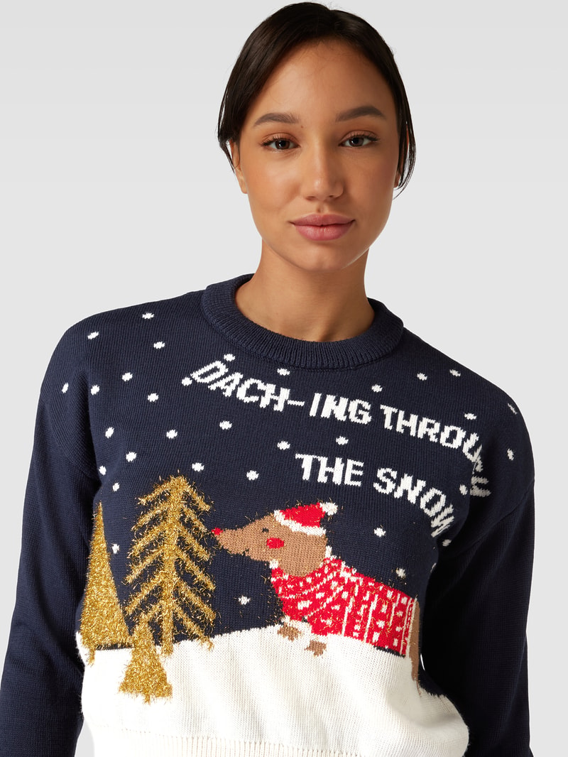 Strickpullover mit Motiv-Print in marineblau