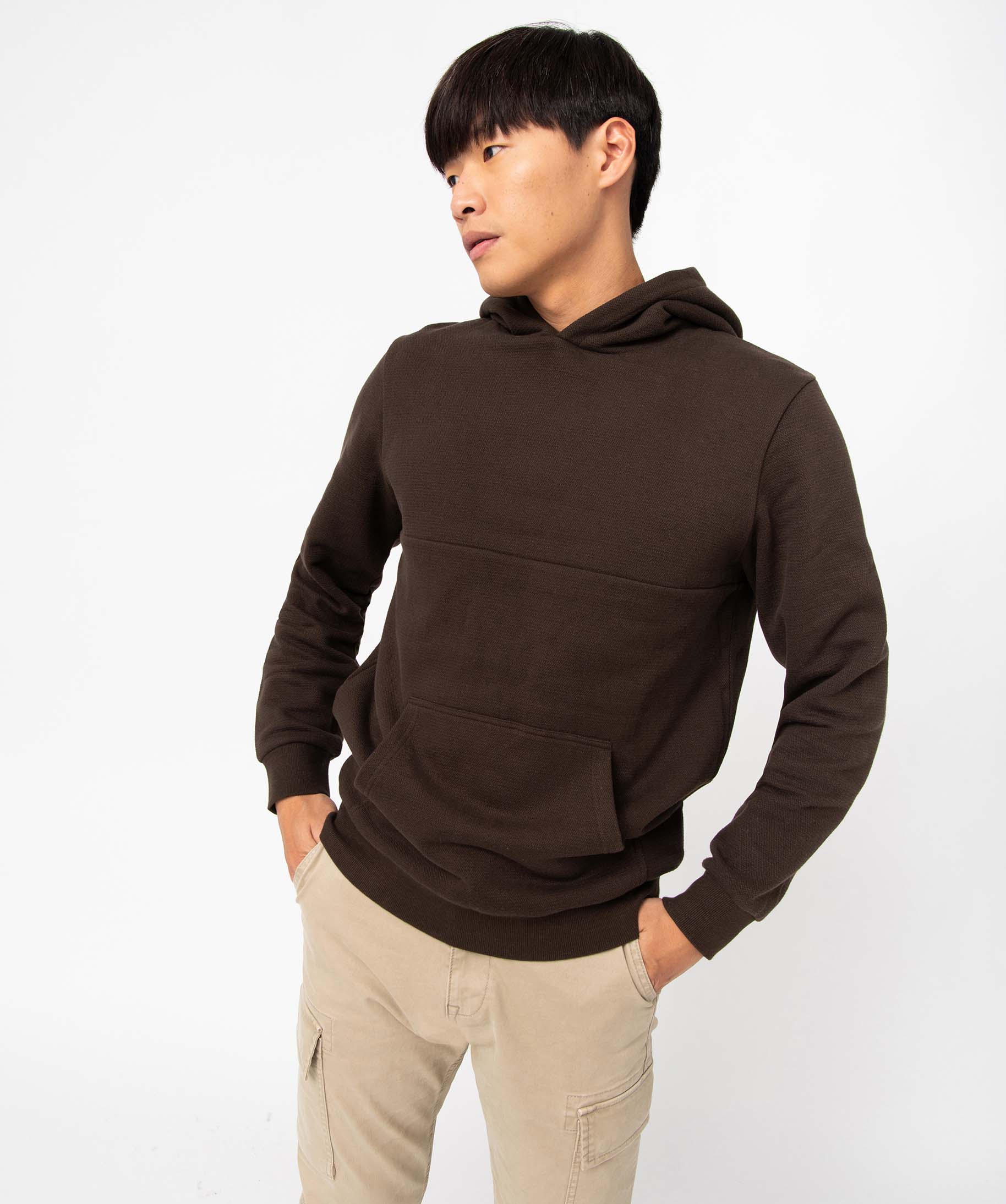 Sweat homme à capuche en coton piqué marron | GEMO