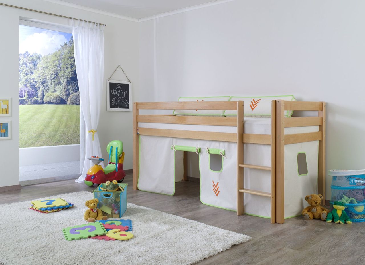Relita Halbhohes Spielbett ALEX Buche massiv natur lackiert mit Stoffset Vorhang Beige/Grün