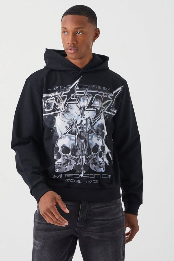 Kastiger Hoodie mit Totenkopf-Print