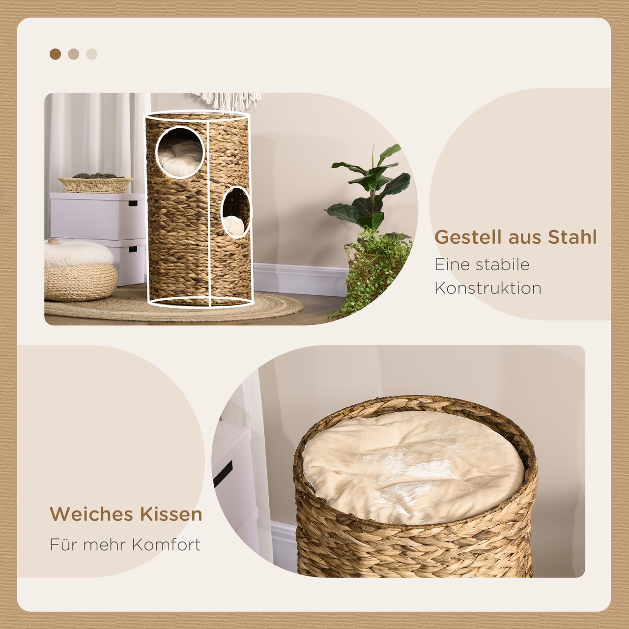 PawHut Kratztonne Höhe 73 cm Katzenturm mit 3 Ebenen, Katzenkratzbaum mit Kissen