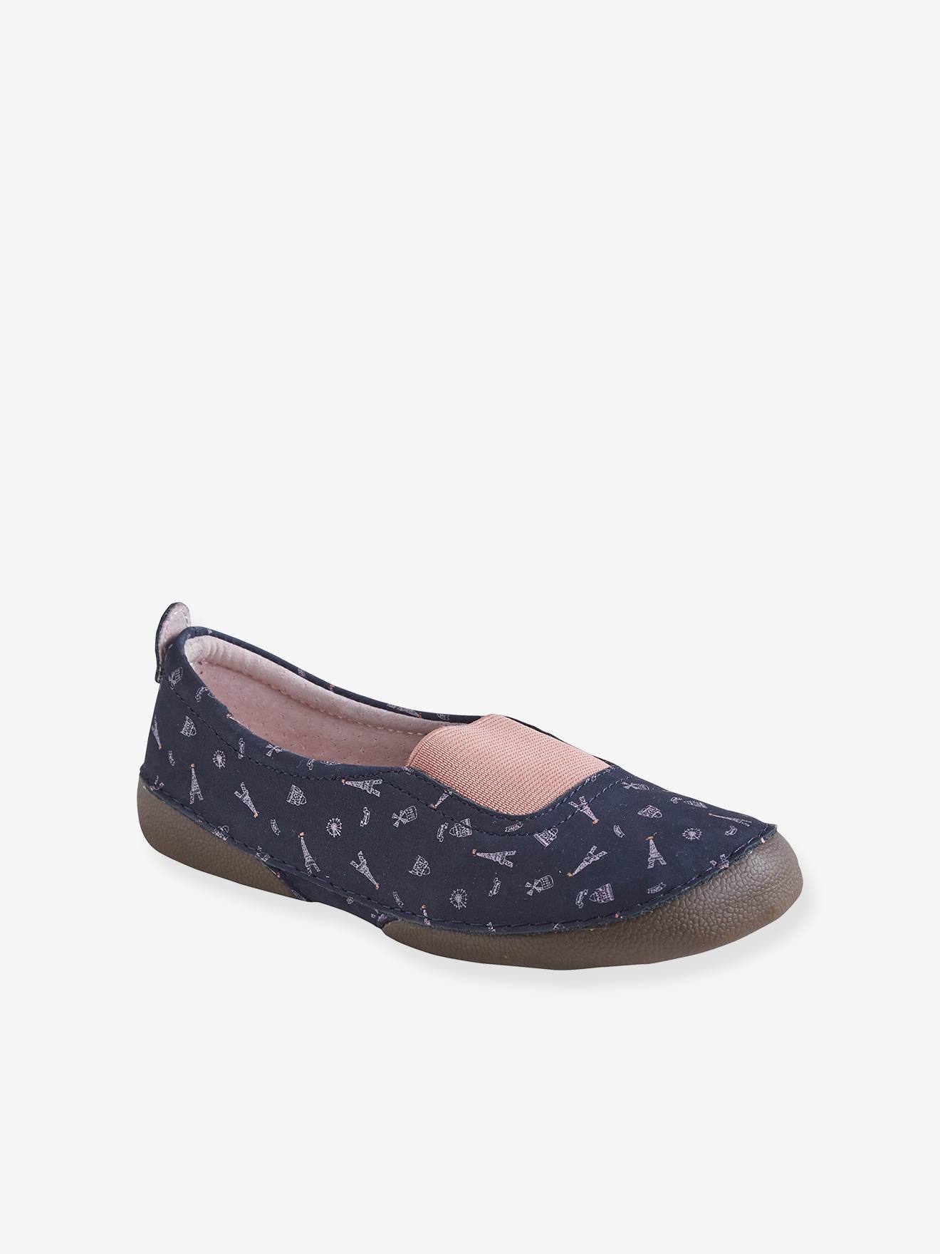 Chaussons élastiqués fille en cuir imprimé marine imprimé paris