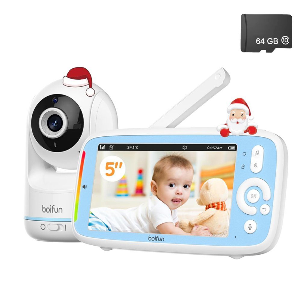 Boifun Babyphone 5'' 720P HD IPS Bildschirm Babyphone mit Kamera mit 64GB SD karte, PTZ 330°/135°, 3×Zoom, VOX Funktion, Zwei-Wege-Audio babyfon, Nachtsicht, Temperaturüberwachung, Wiegenlieder, 1-3-fache digitale Zoomfunktion
