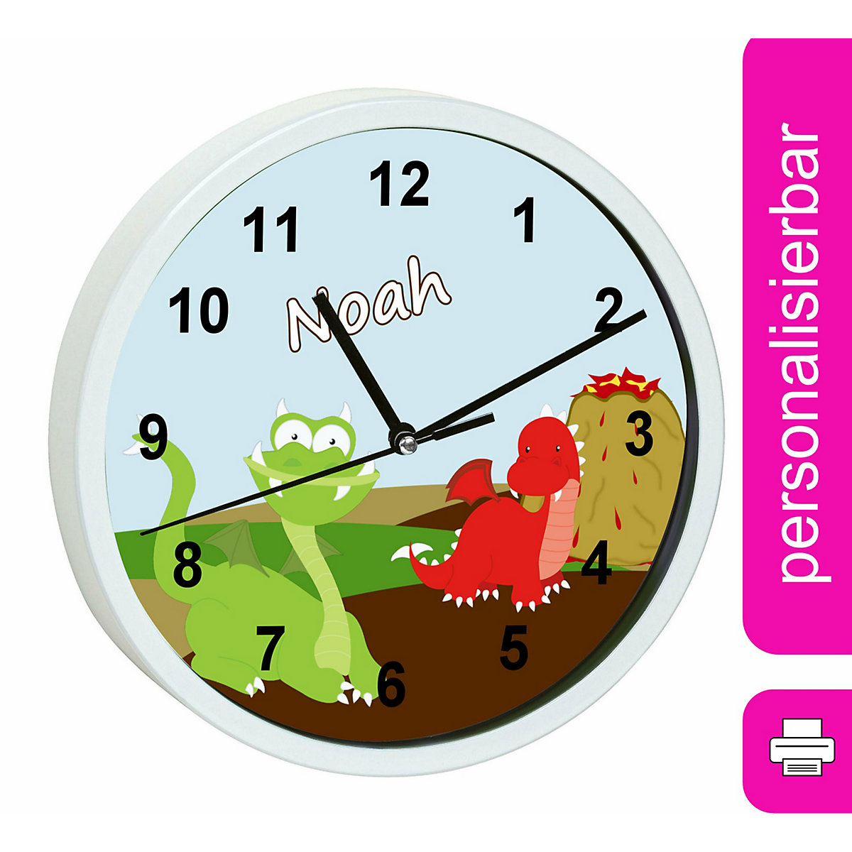 Kinder Wanduhr personalisiert mit Name Drache