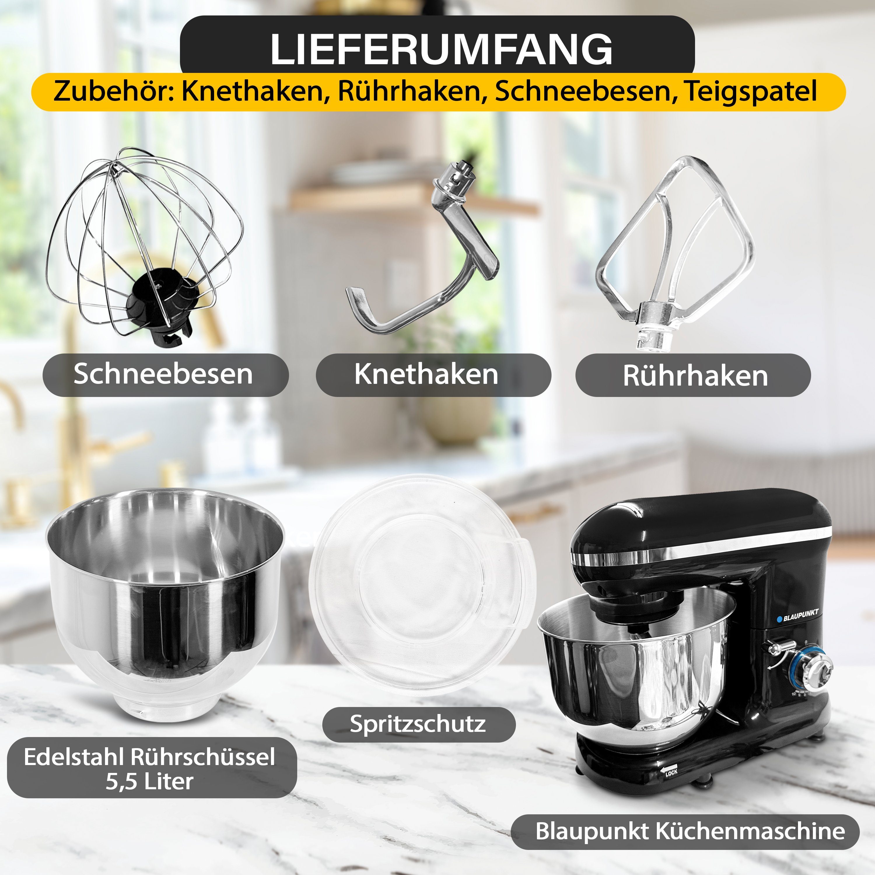 Blaupunkt Küchenmaschine MEN787 Küchenmaschine, Knetmaschine, Rührmaschine mit Knethaken, 1300 W, 5,50 l Schüssel, Edelstahl, 10 Stufen Mischen Schlagen Kneten, Knetmaschine für teig