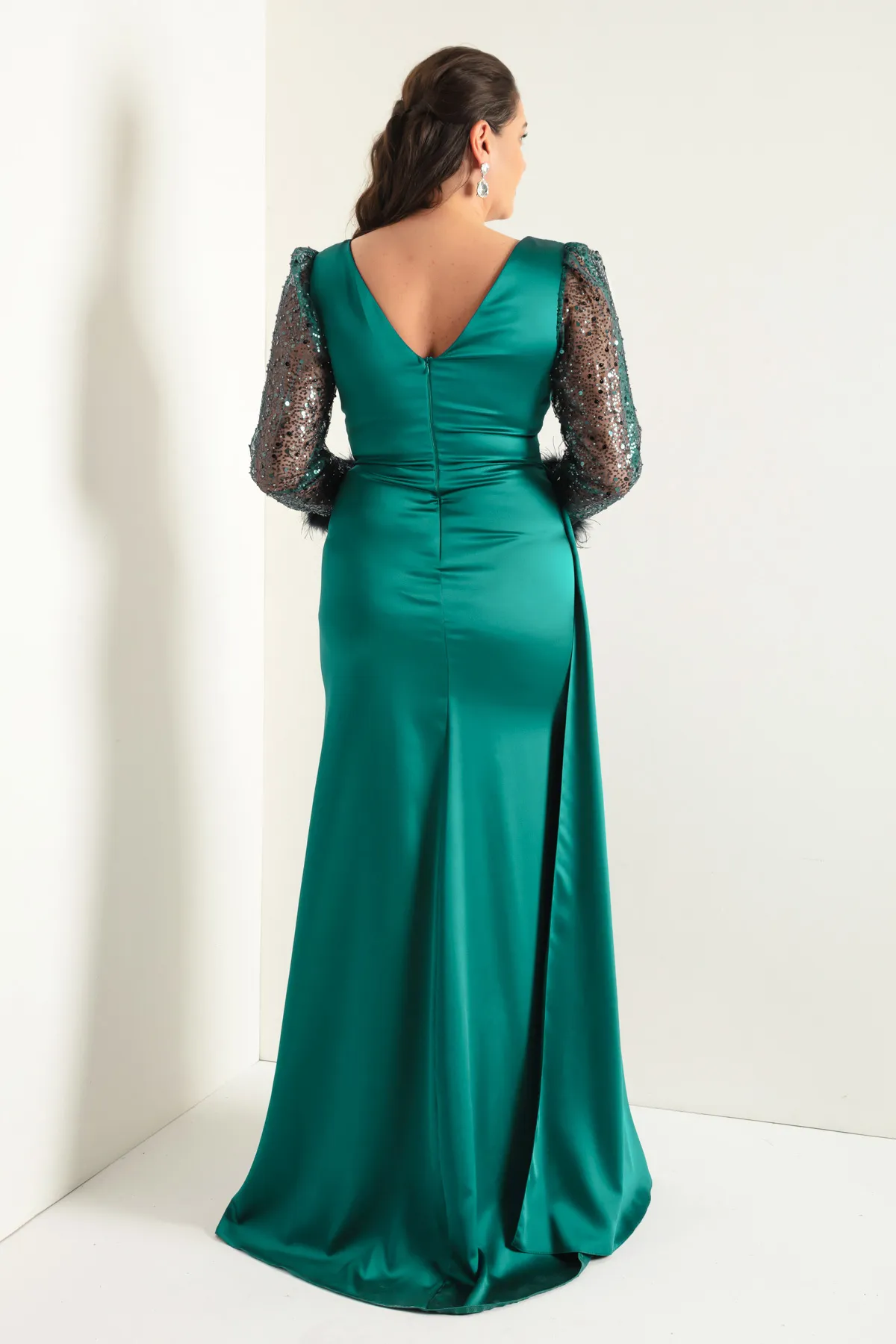Lafaba  Smaragdgrünes Damen-Abendkleid mit V-Ausschnitt und Steinschlitzen, langes Abendkleid in Übergröße
