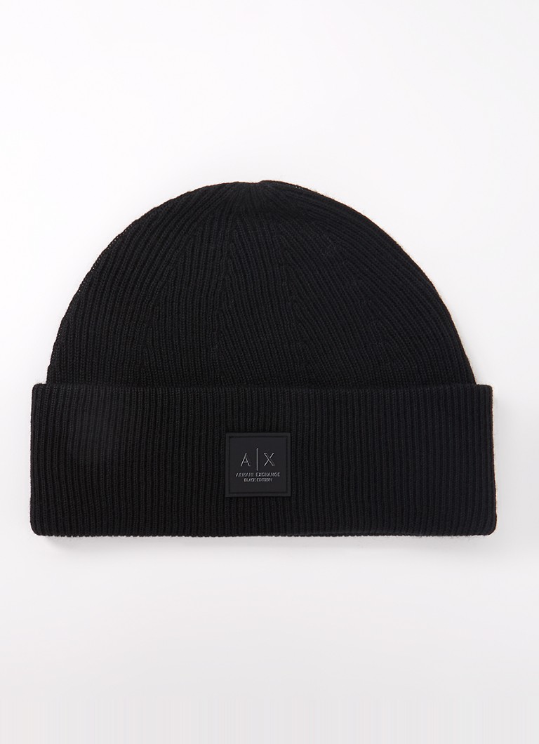 Armani Exchange Rib-knit hat in virgin wool blend with logo