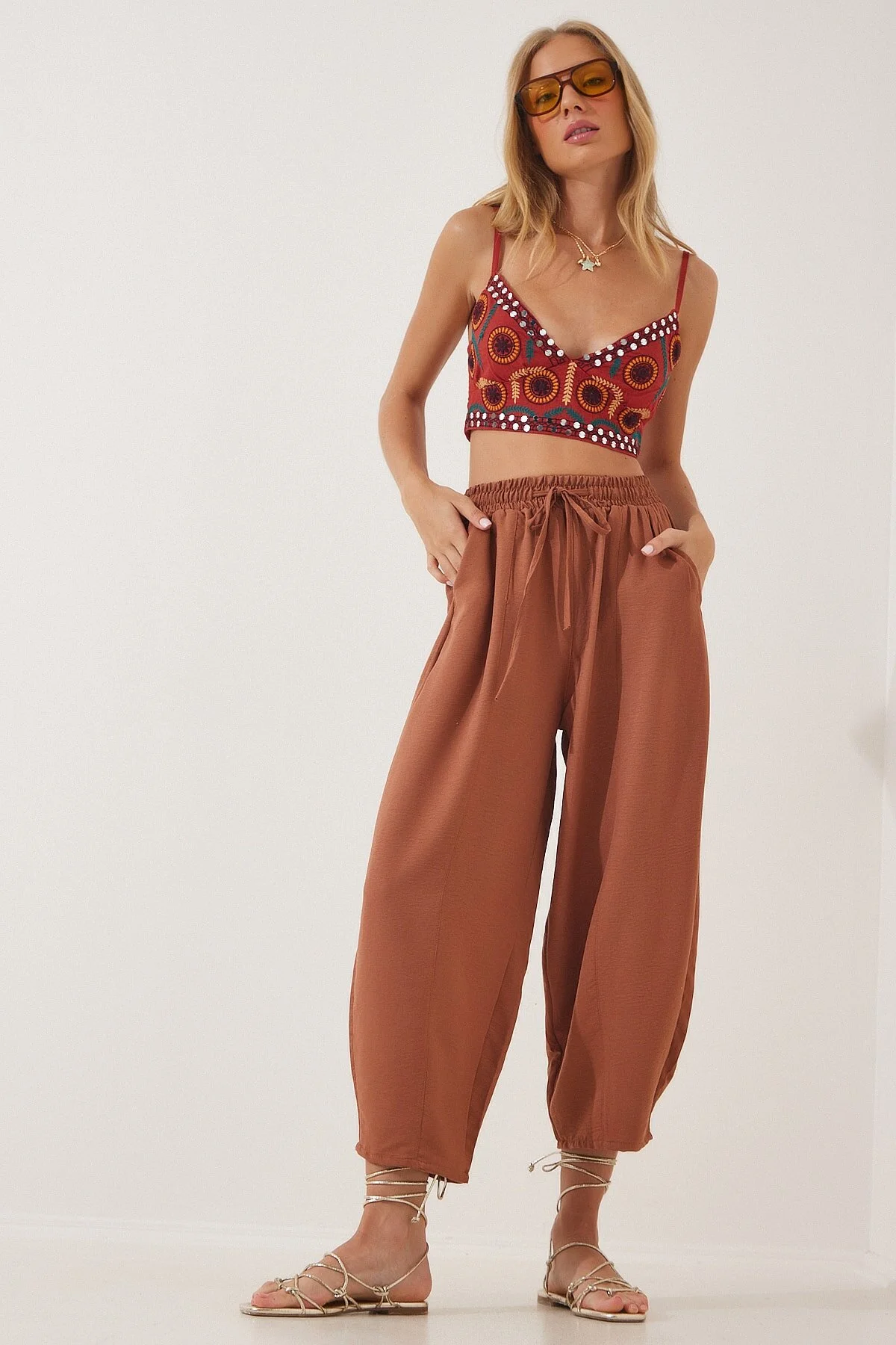 Happiness İstanbul  Damen-Shalwar-Hose aus Leinen-Viskose mit Zimttaschen CV00001