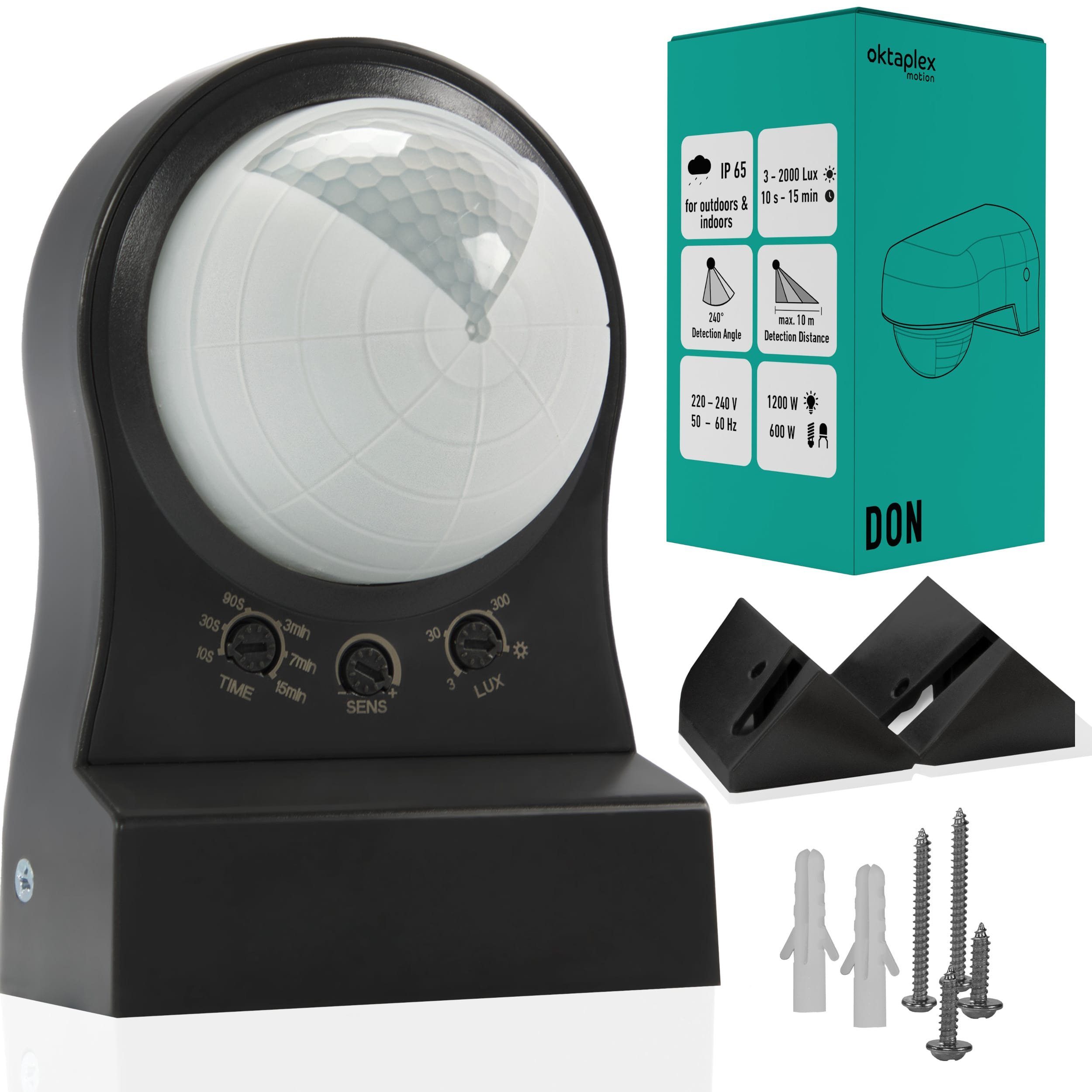 Oktaplex motion Bewegungsmelder Aussen IP65 230V, Aufputz Infrarotsensor anthrazit Erfassungsbereich einstellbar
