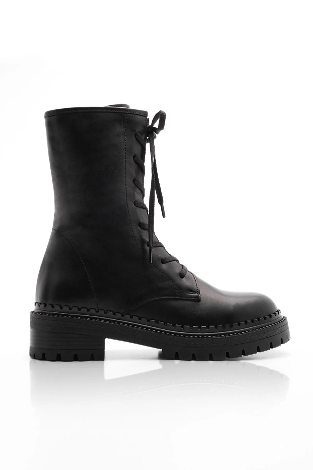 Marjin  Damen-Stiefel aus echtem Leder mit Reißverschluss, Schnürung, gezackte Sohle, Freizeitstiefel Kariva Schwarz