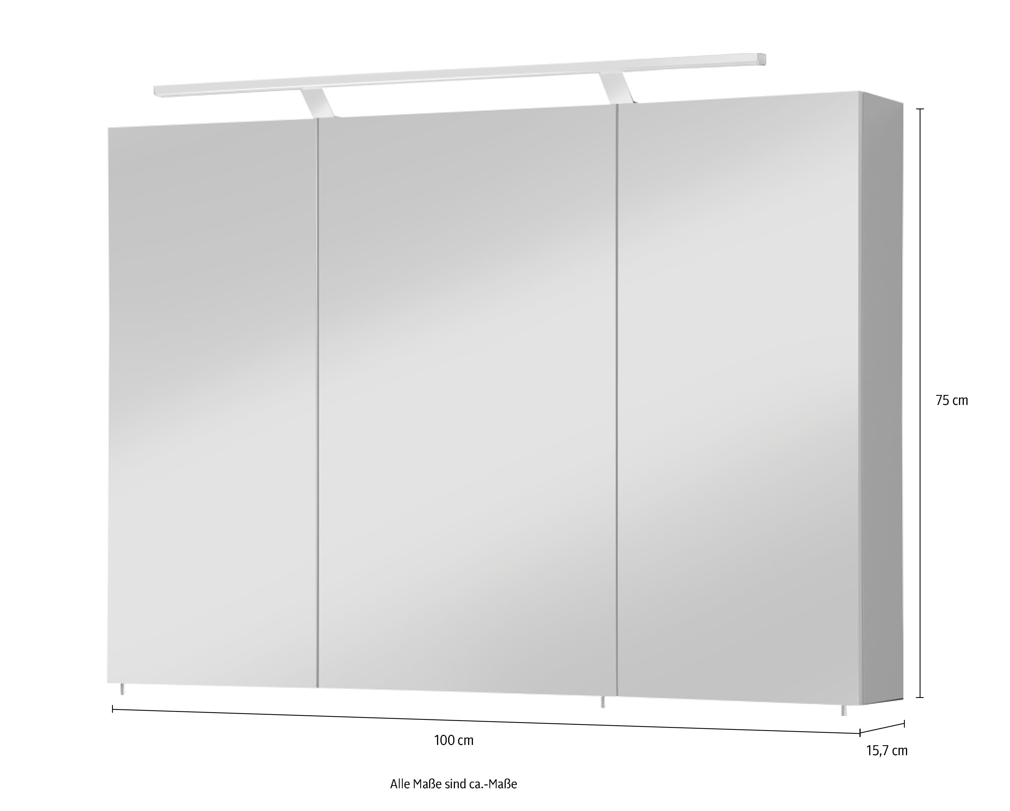 welltime Spiegelschrank Torino Breite 100 cm, 3-türig, LED-Beleuchtung, Schalter-/Steckdosenbox