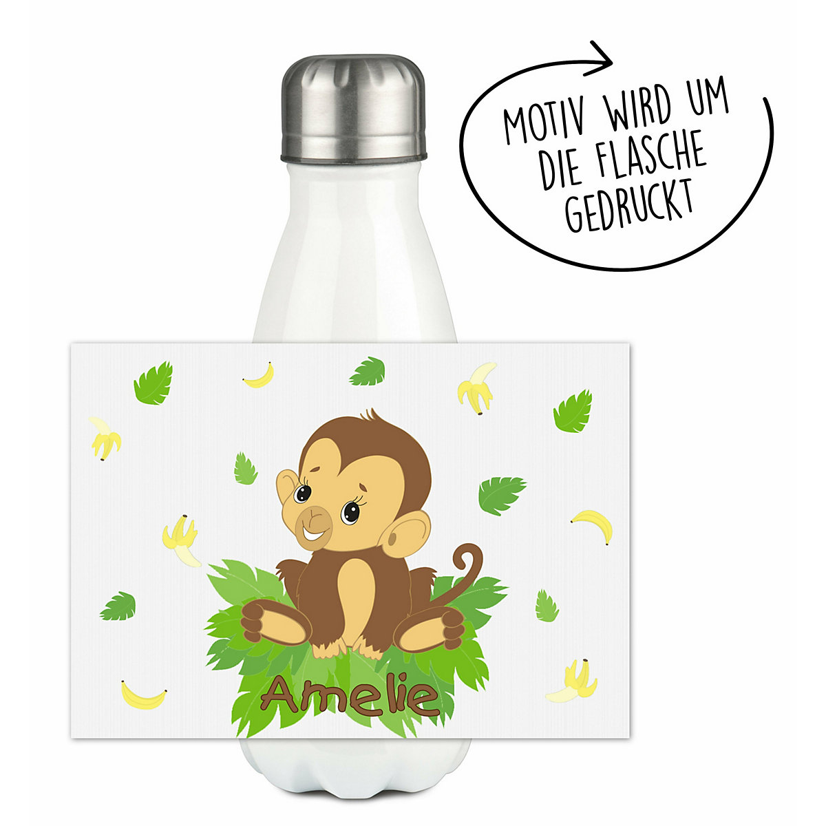 Edelstahl Kinder Thermoflasche / Trinkflasche bunt Affenbaby Spülmaschinenfest, Auslaufsicher, Bruchfest, Doppelwandig, Für Heißgetränke geeignet, Mit Deckel, Isoliert