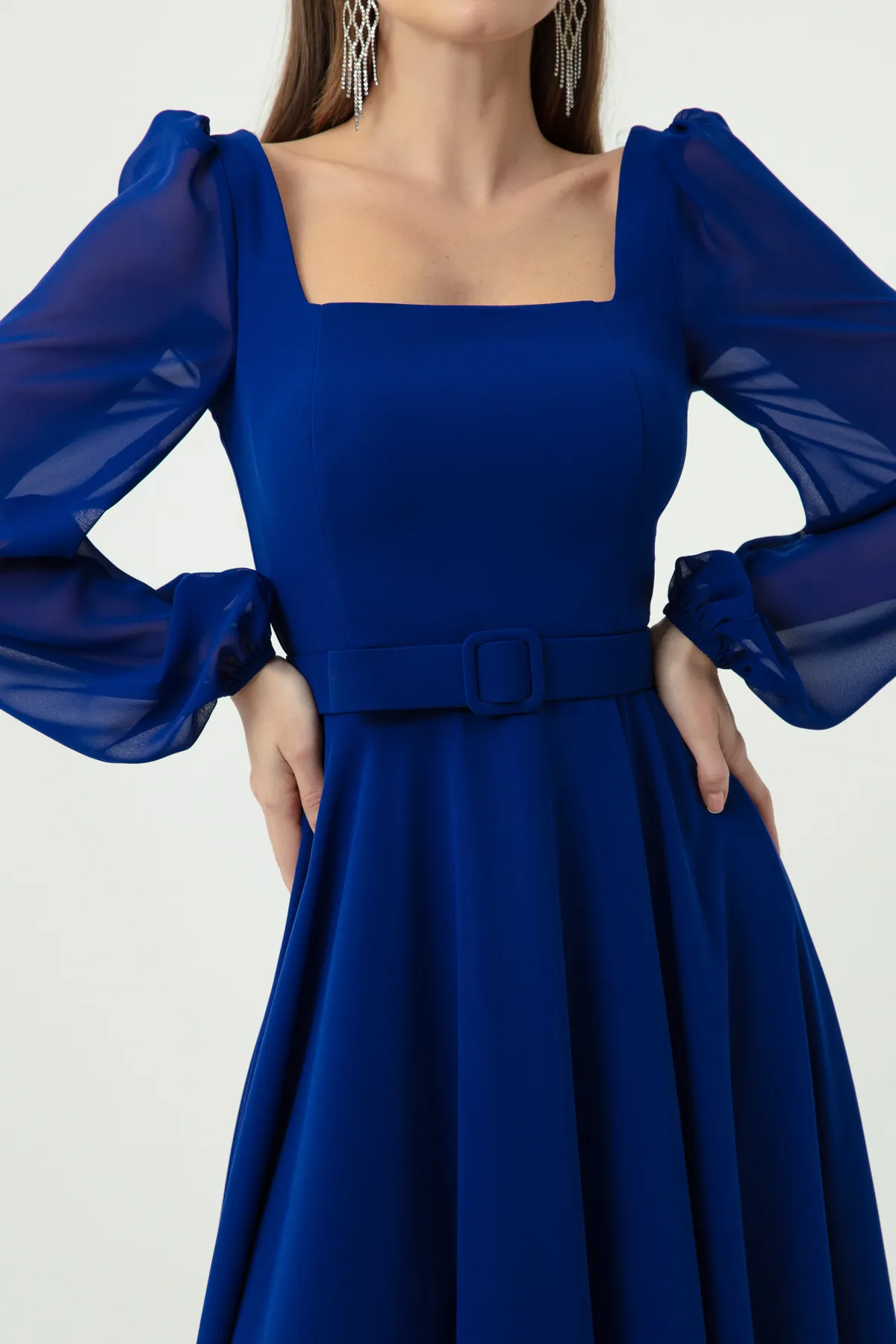Lafaba  Saks Midi-Chiffon-Abendkleid mit quadratischem Kragen und Gürtel für Damen