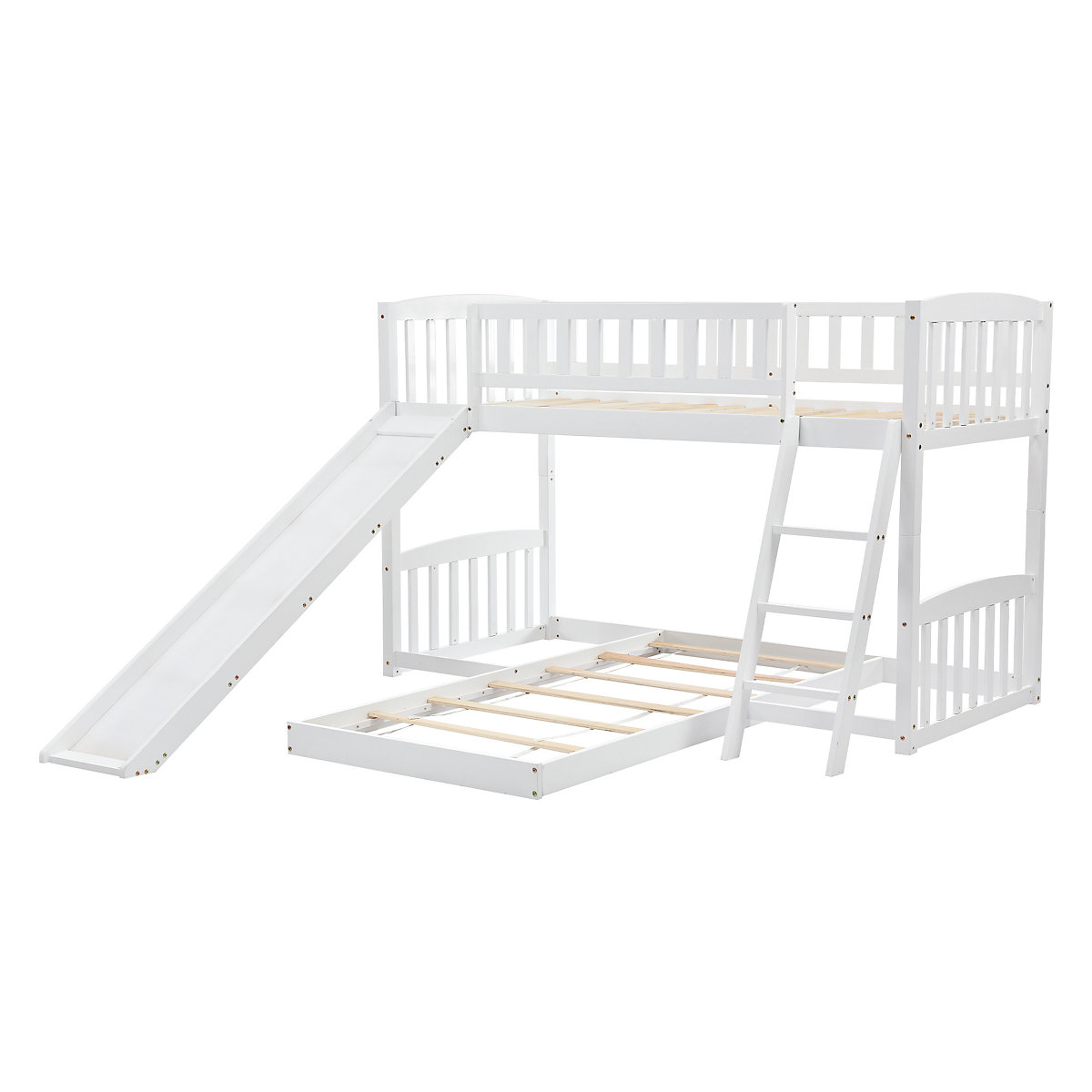 Etagenbett mit Rutsche, Niedriger Kinderbett Etagenbettrahmen Massives Kiefernbett 90 x 200 cm