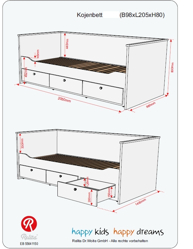 Relita Funktionsbett eLeona 90x200 cm inkl. LR, Schaum-Matratze Allergena, 3 Schubladen, Ausf. Weiß