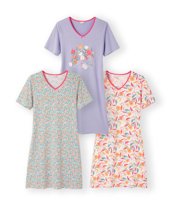 Lot de 3 chemises de nuit en pur coton peigné, 2 statures